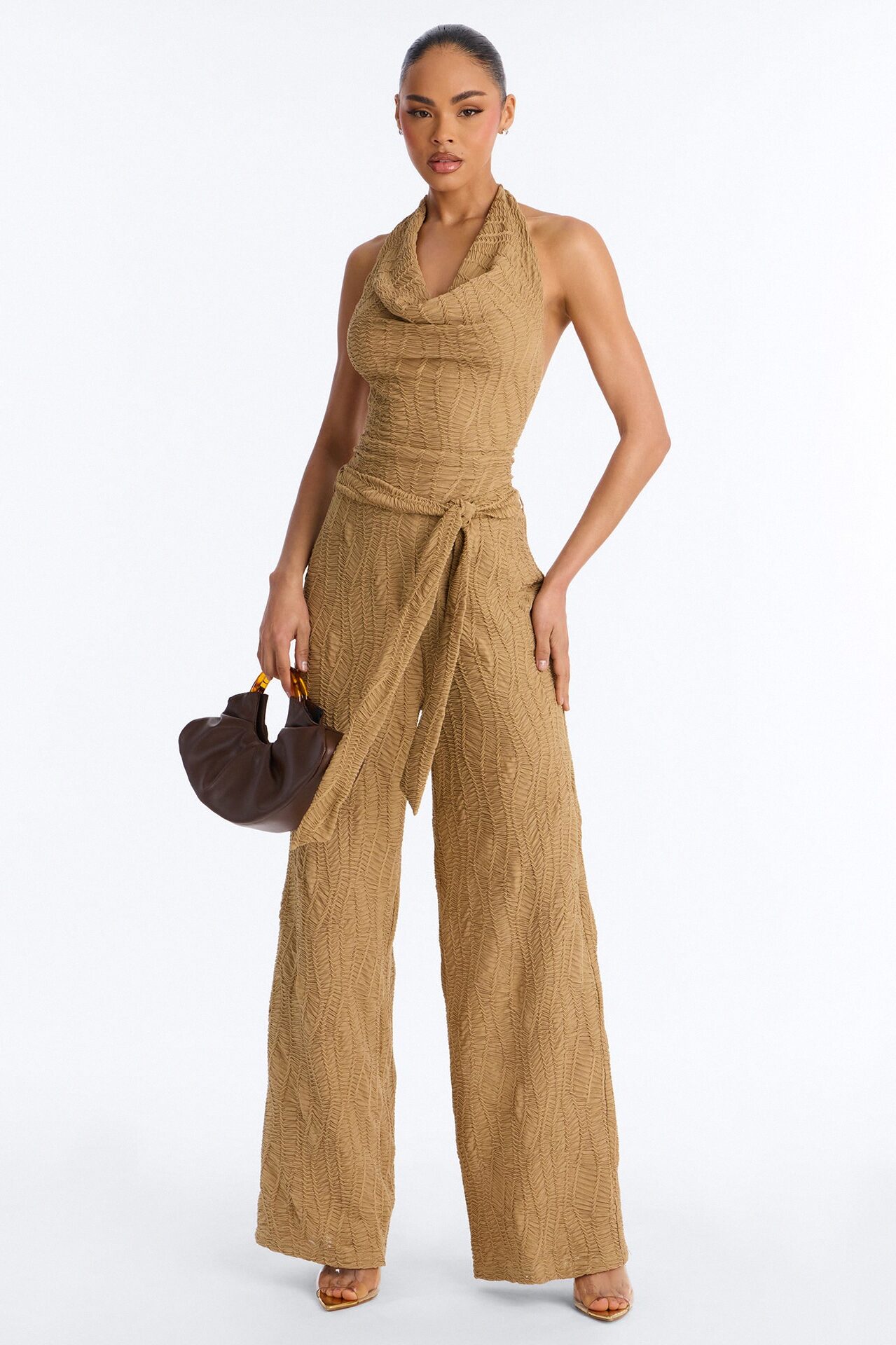 Emmy Textured Tie Waist Jumpsuit - Olive