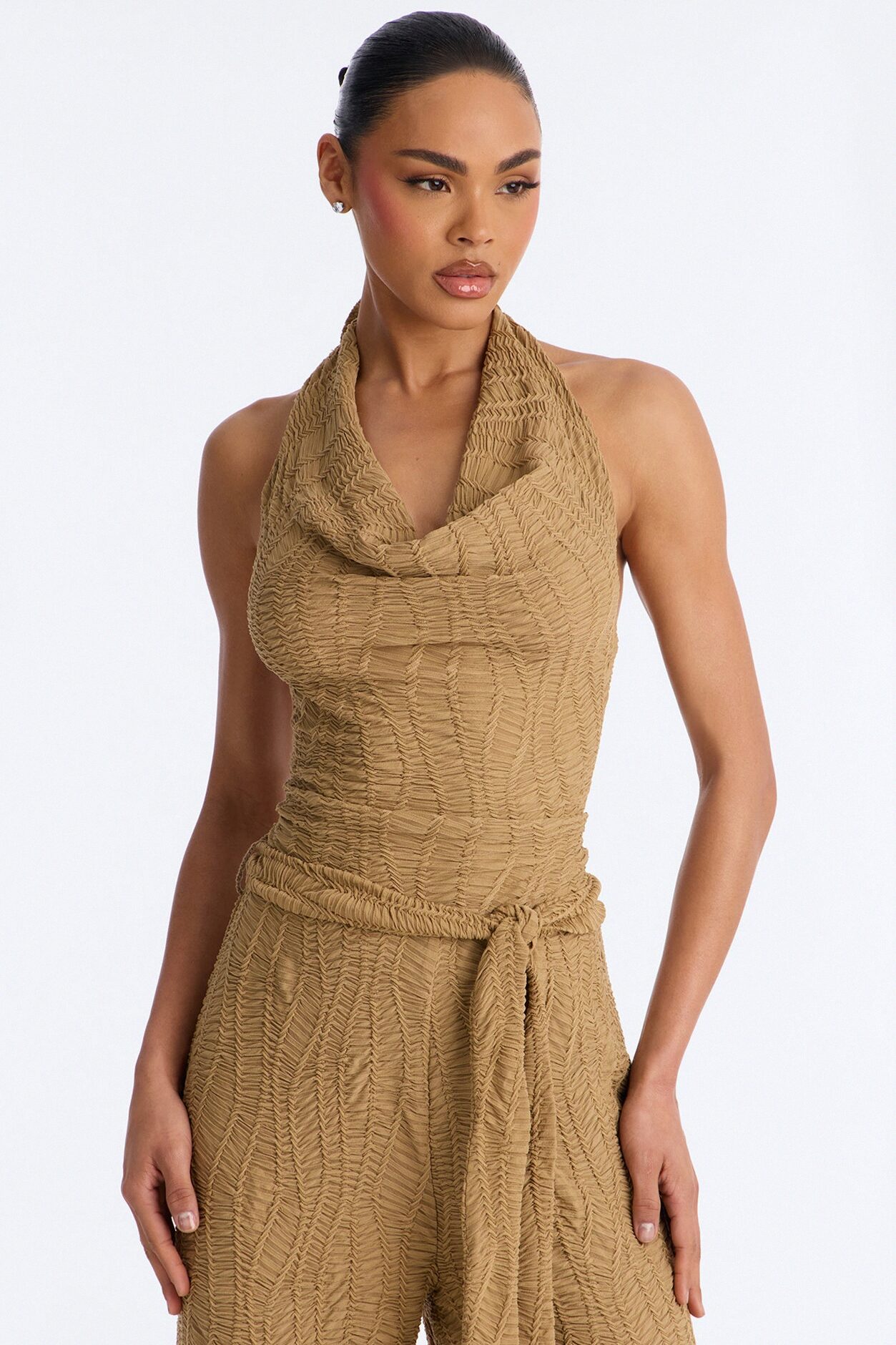 Emmy Textured Tie Waist Jumpsuit - Olive