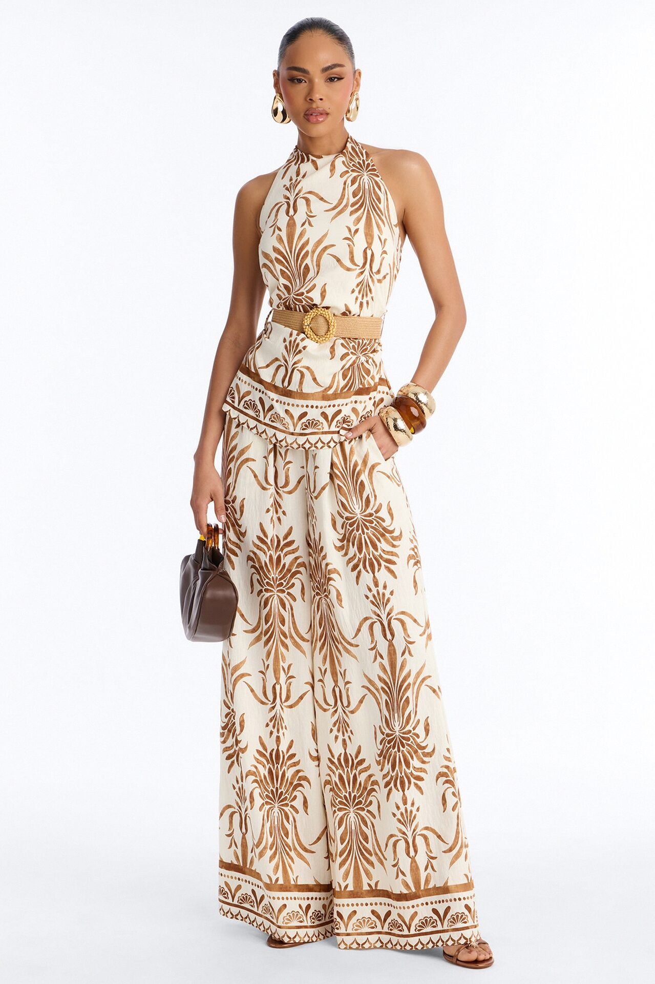 Vacation Fantasy Belted Linen Pant Set - Cream/combo