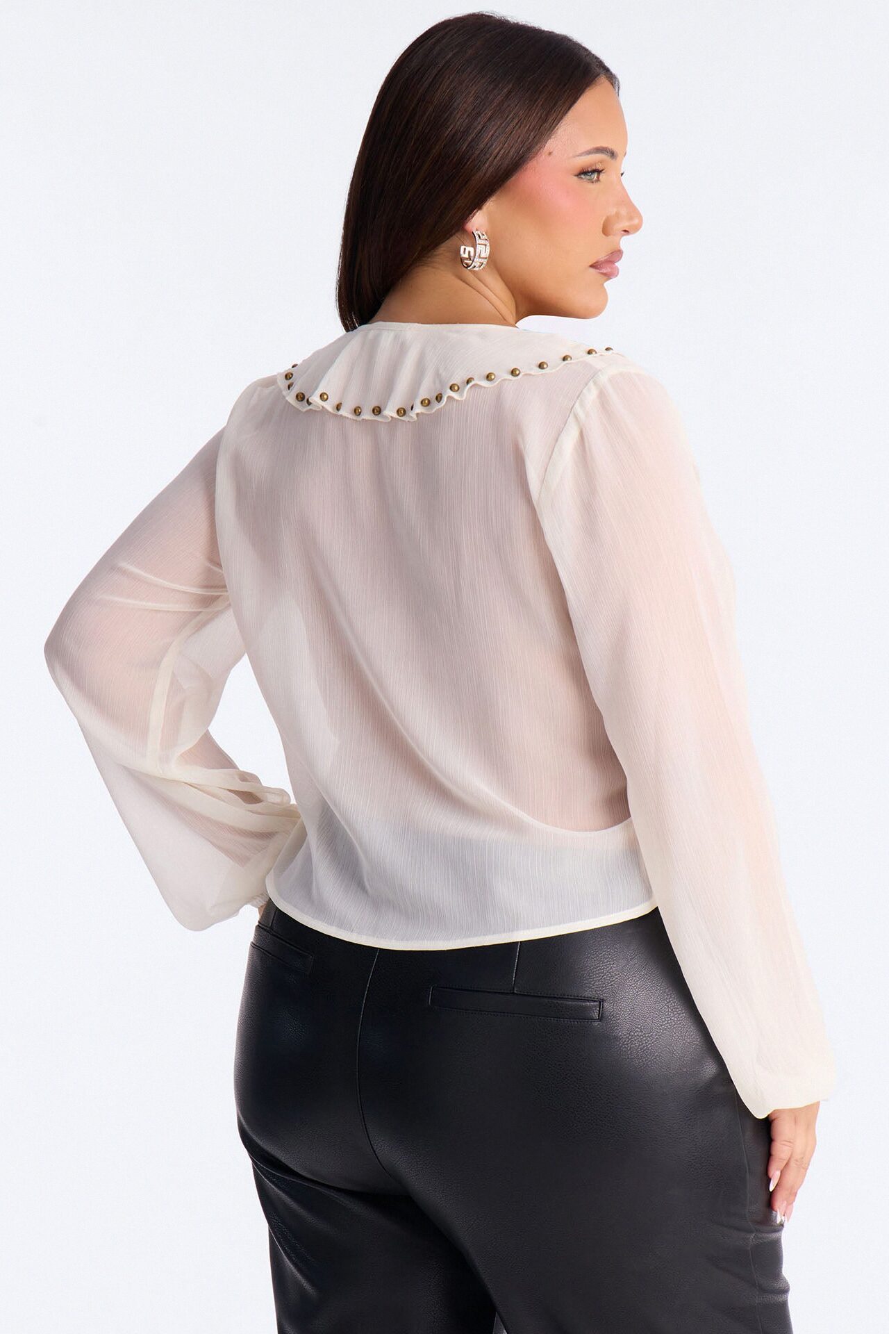 Sweet Like Spring Studded Chiffon Tie Front Top - Cream