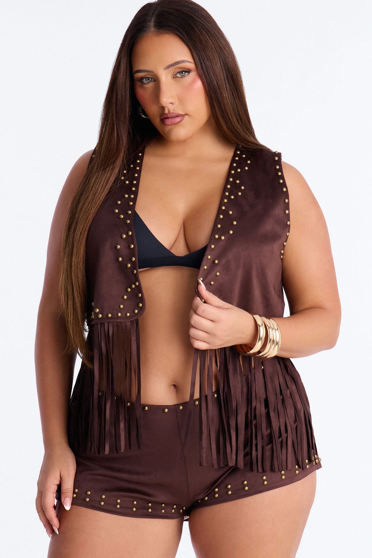 Rodeo Rebel Faux Suede Fringe Studded Short Set - Brown