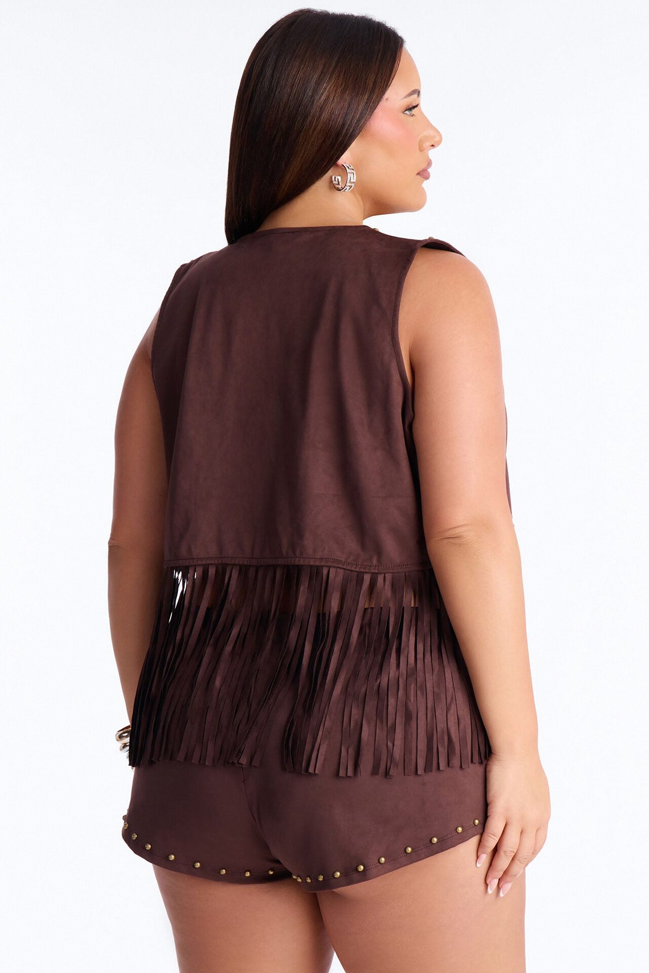 Rodeo Rebel Faux Suede Fringe Studded Short Set - Brown