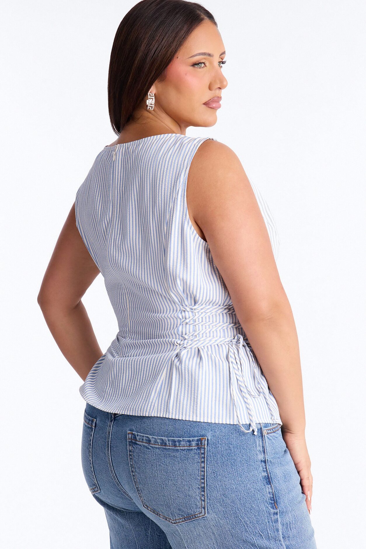 Collecting Sunsets Lace Up Pinstripe Top - Blue/combo
