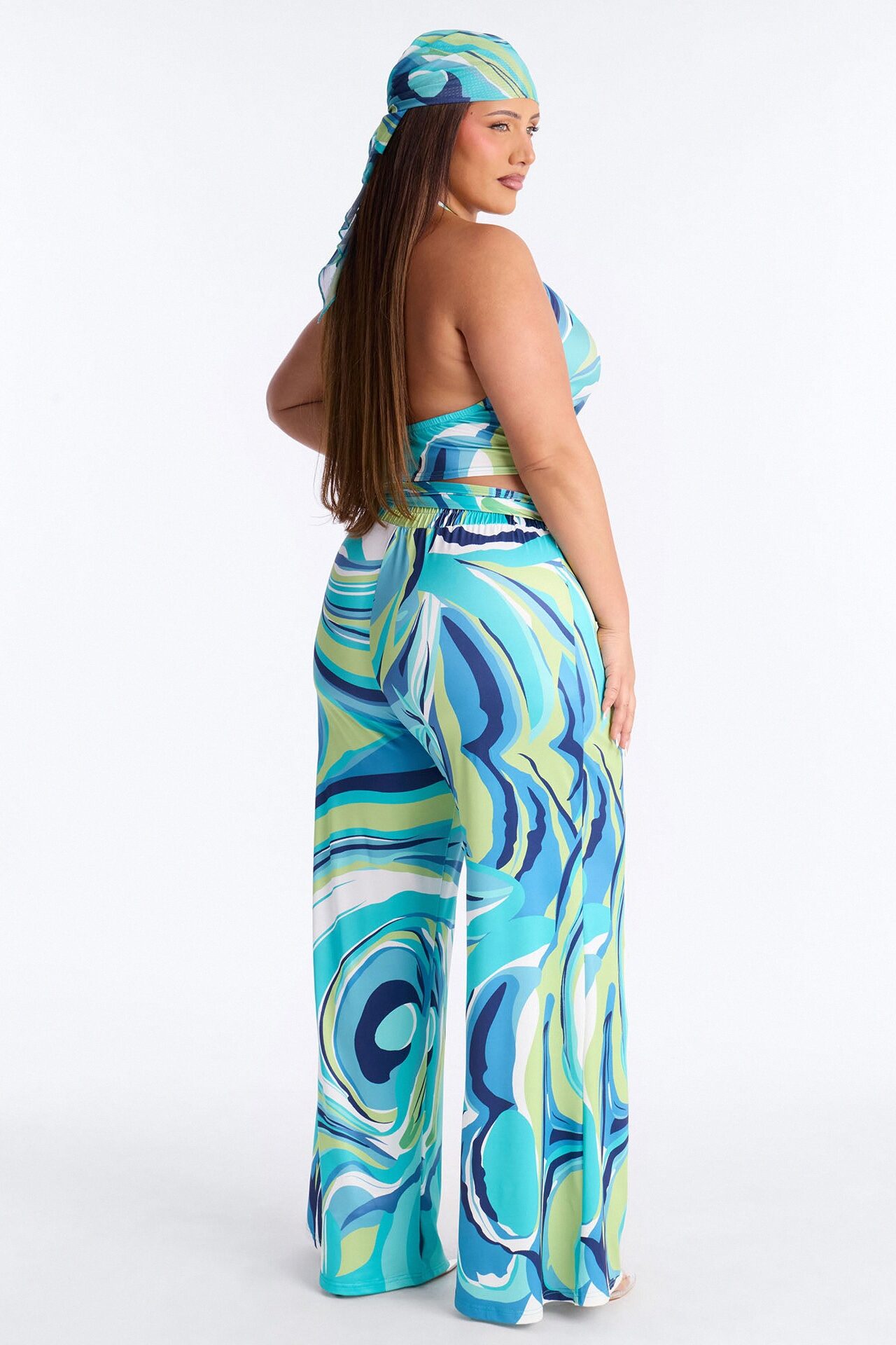 Danni Head Scarf 3 Piece Pant Set - Blue/combo