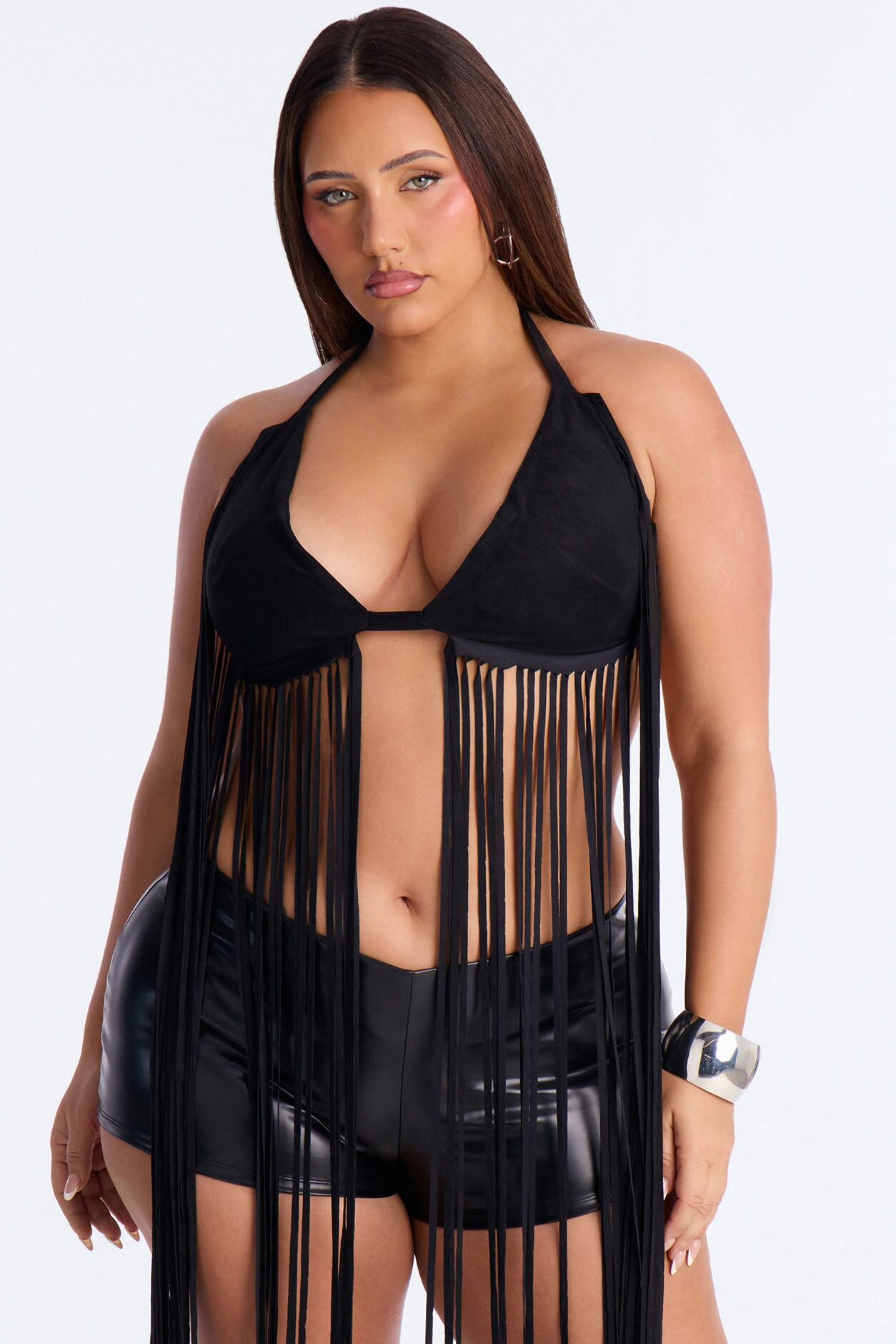 Stay Dramatic Fringe Halter Top - Black