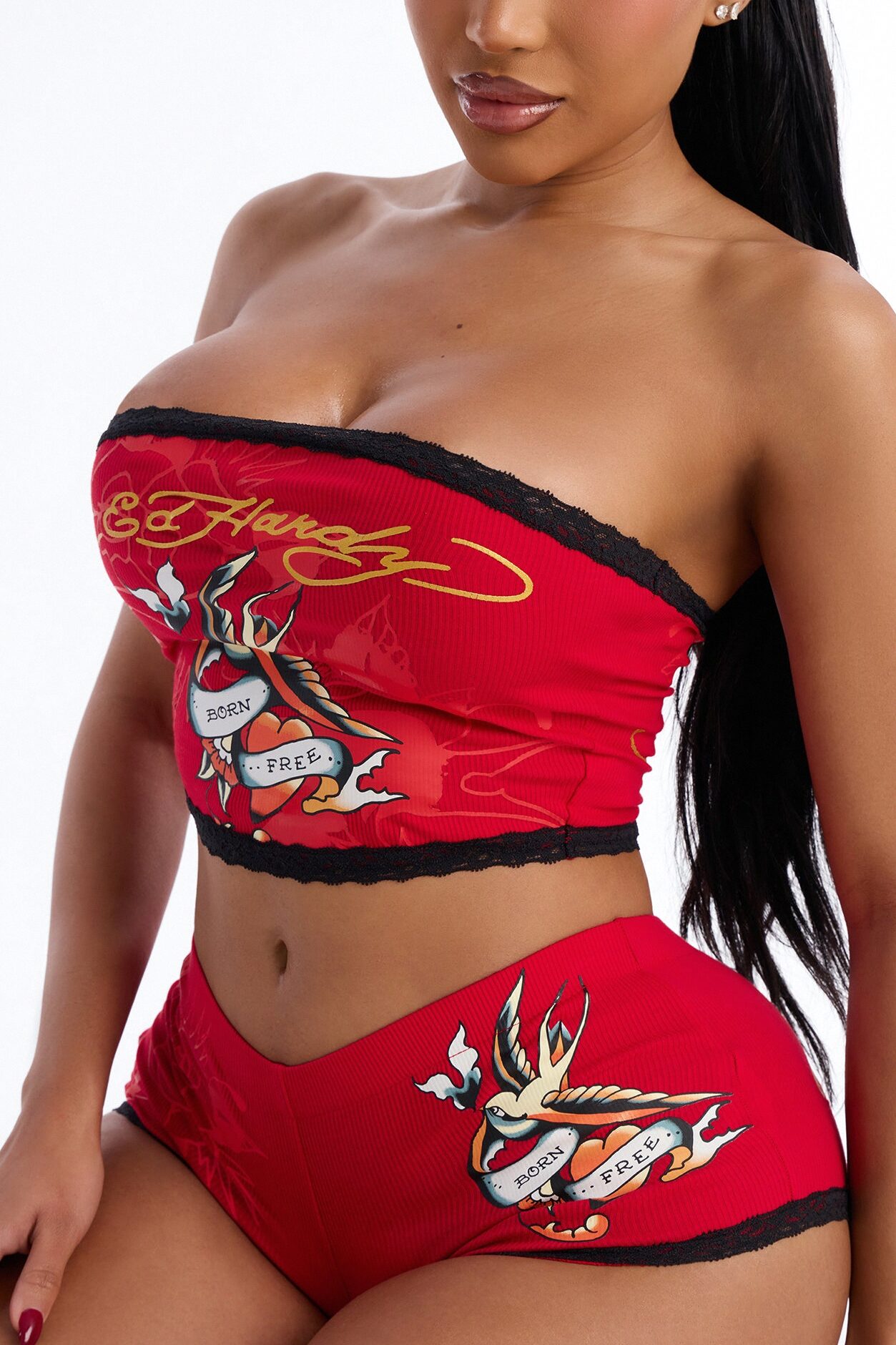 Ed Hardy Born Free Tube Top PJ Short Set - Red