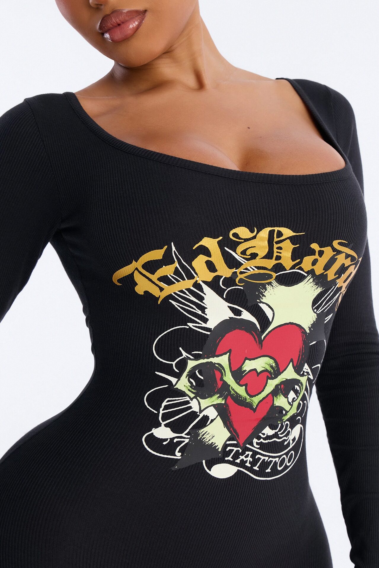 Ed Hardy Sacred Heart Long Sleeve Romper - Black
