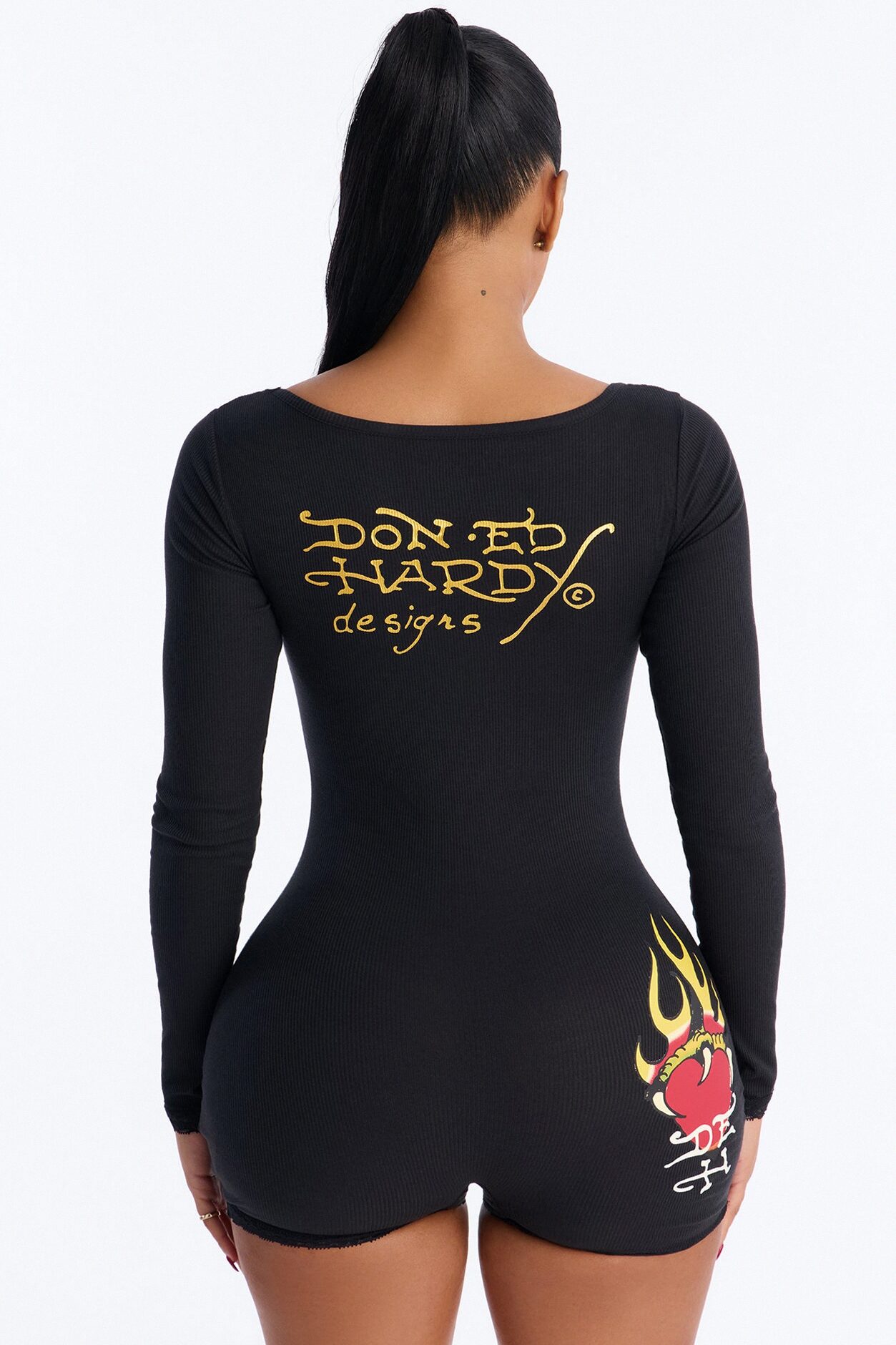 Ed Hardy Sacred Heart Long Sleeve Romper - Black