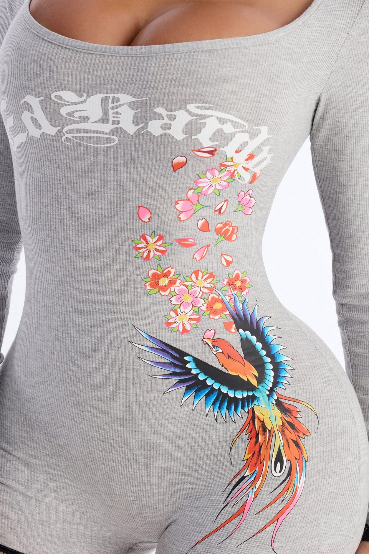Ed Hardy Phoenix Rising Long Sleeve Romper - Heather Grey