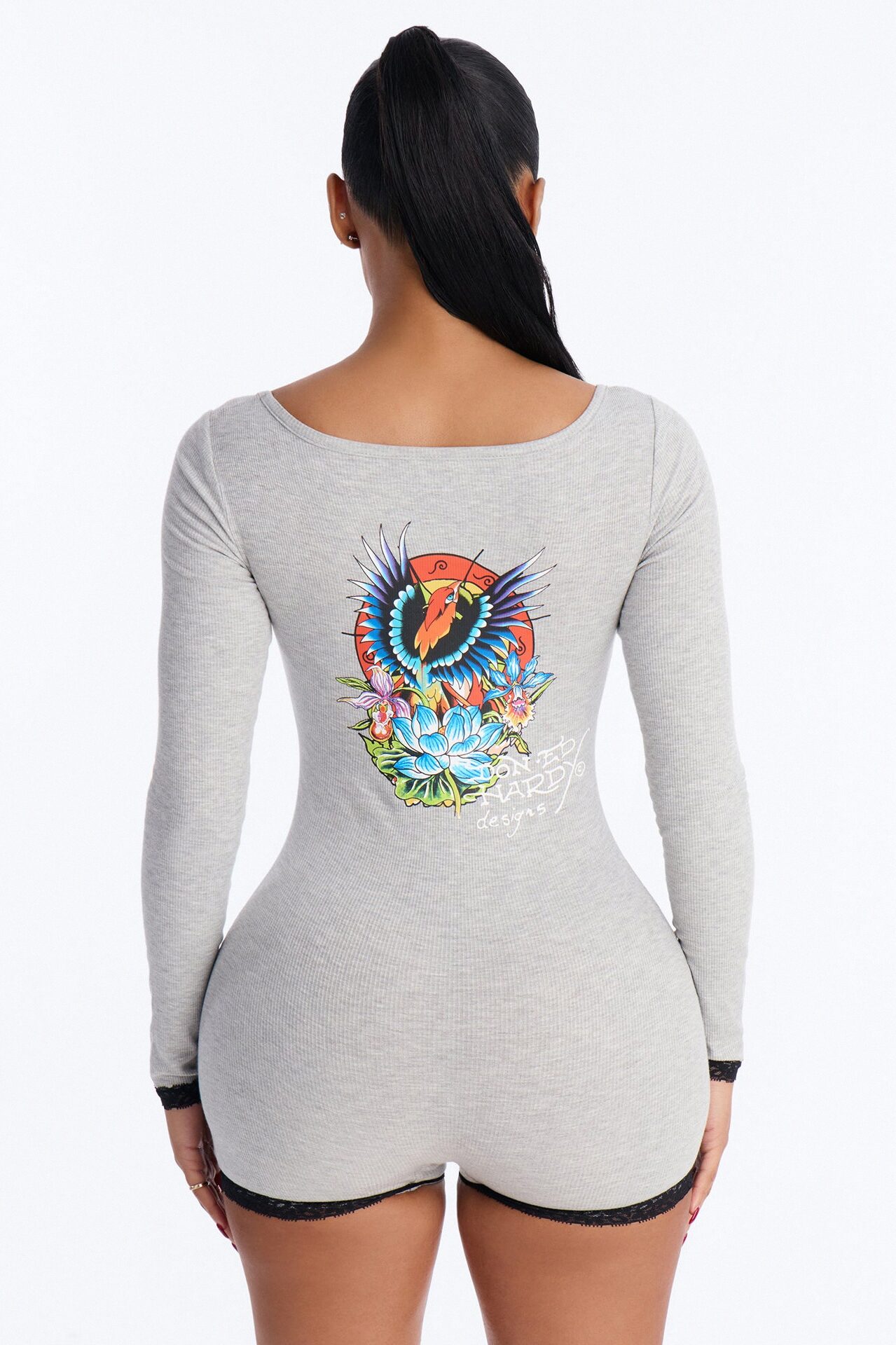 Ed Hardy Phoenix Rising Long Sleeve Romper - Heather Grey