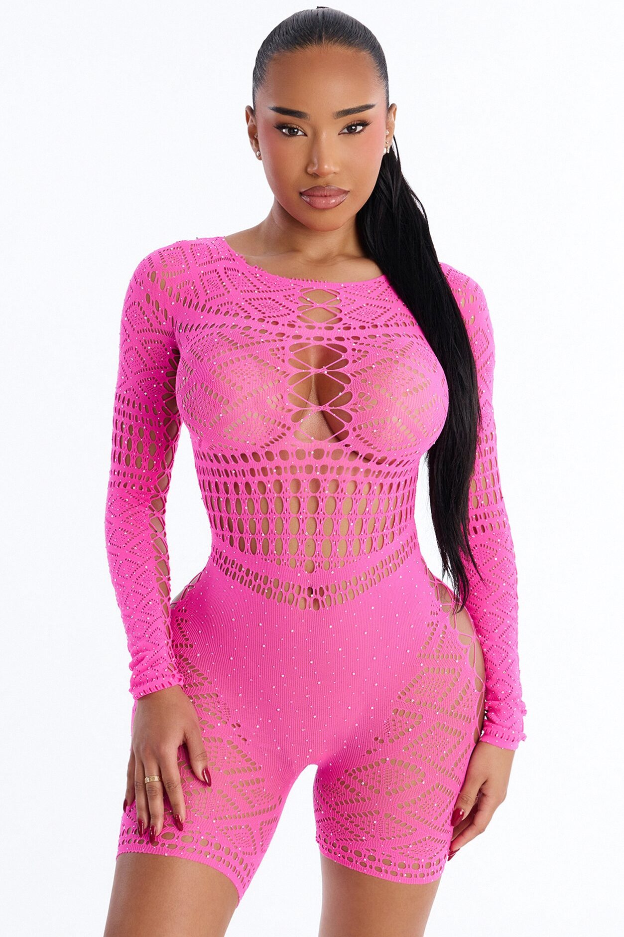 Keep Off Cut Out Fishnet Romper Bodystocking - Hot Pink