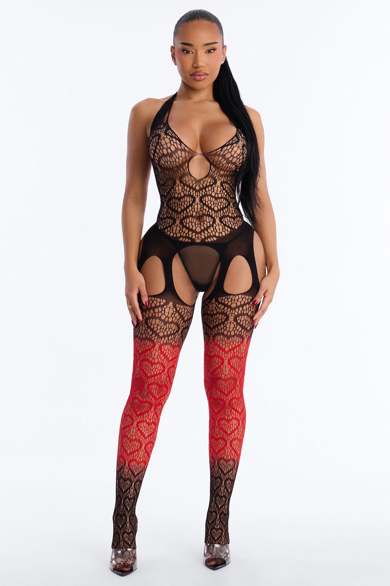 Make You Dream Ombre Crotchless Jumpsuit Bodystocking - Black/Red