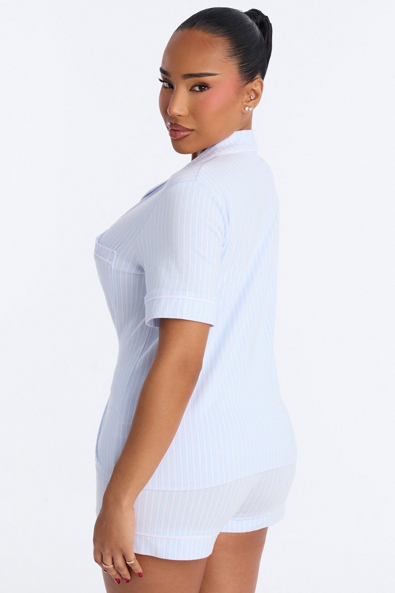 Double Pin Stripe Notch Collar PJ Short Set - Ice Blue