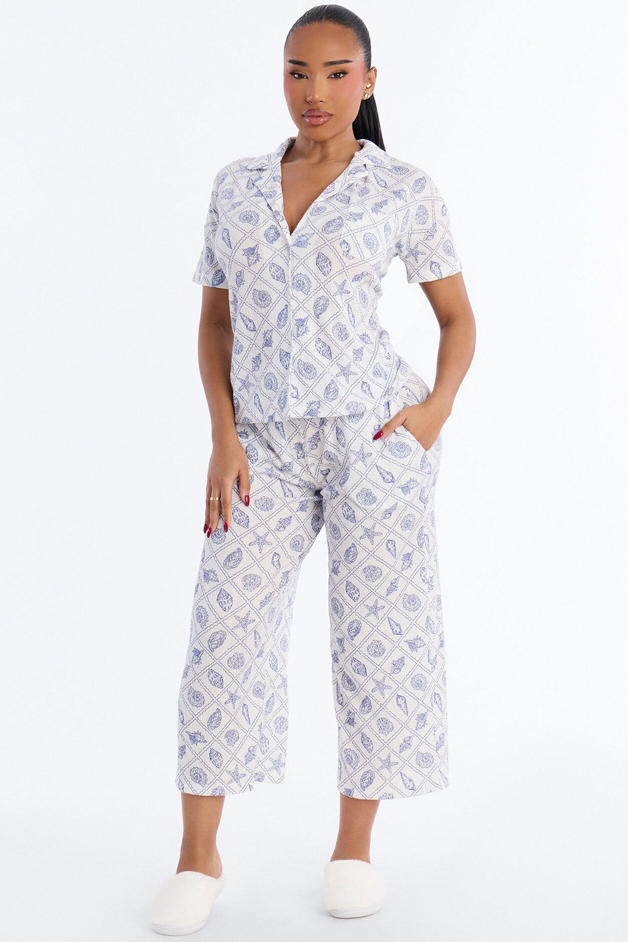 Athena Shell Lattice Notch Collar PJ Set - White/combo