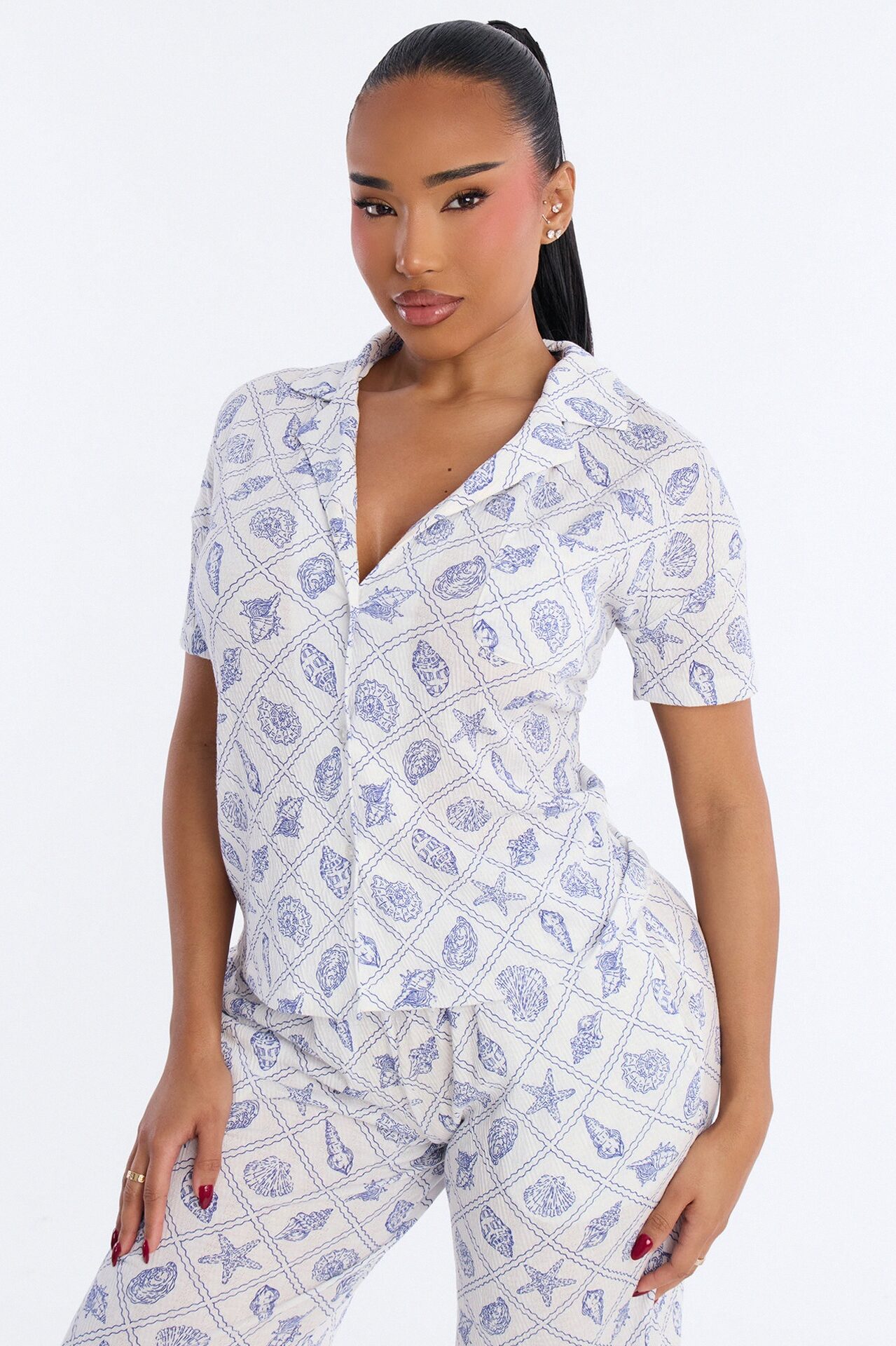 Athena Shell Lattice Notch Collar PJ Set - White/combo
