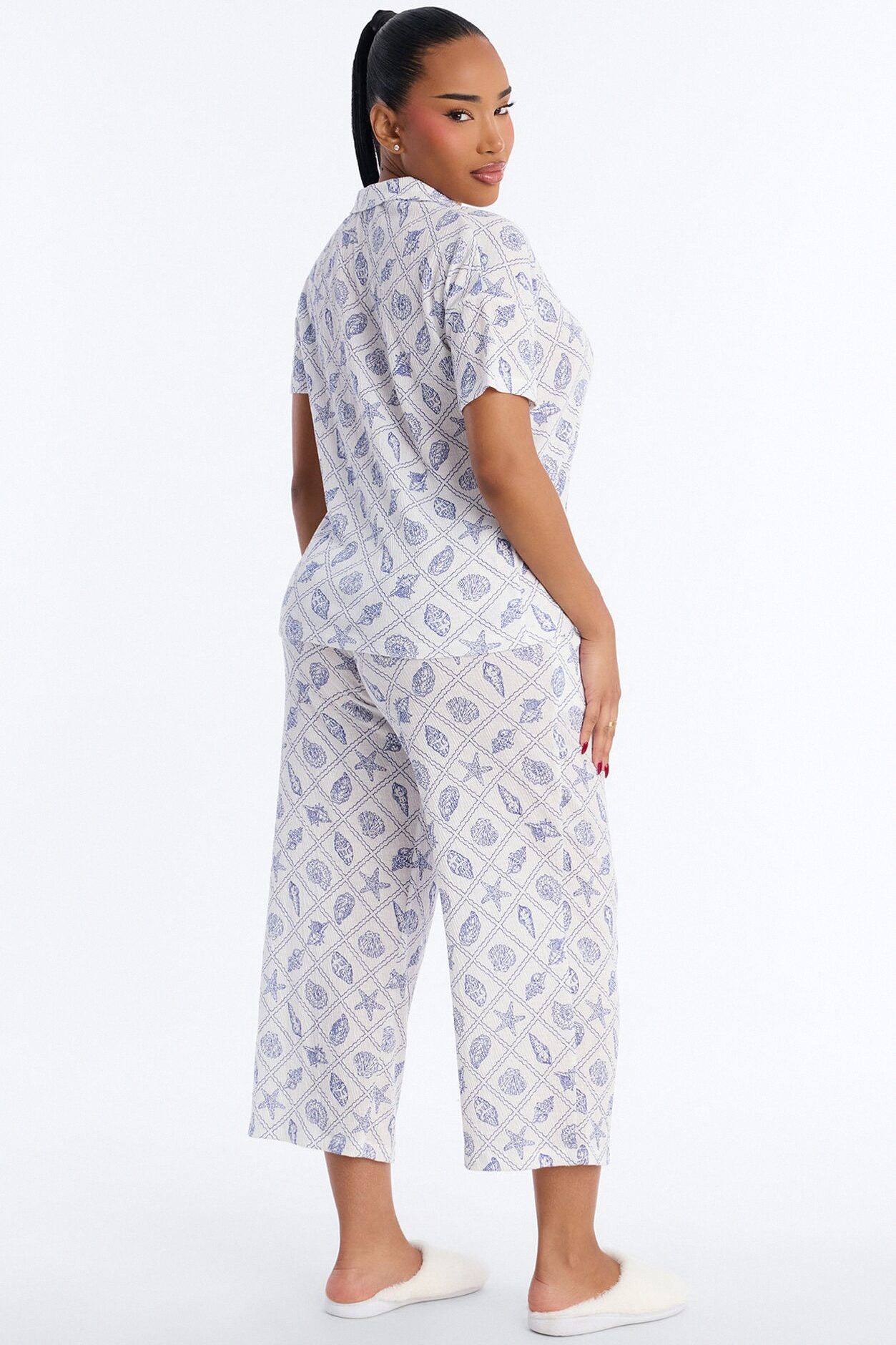 Athena Shell Lattice Notch Collar PJ Set - White/combo
