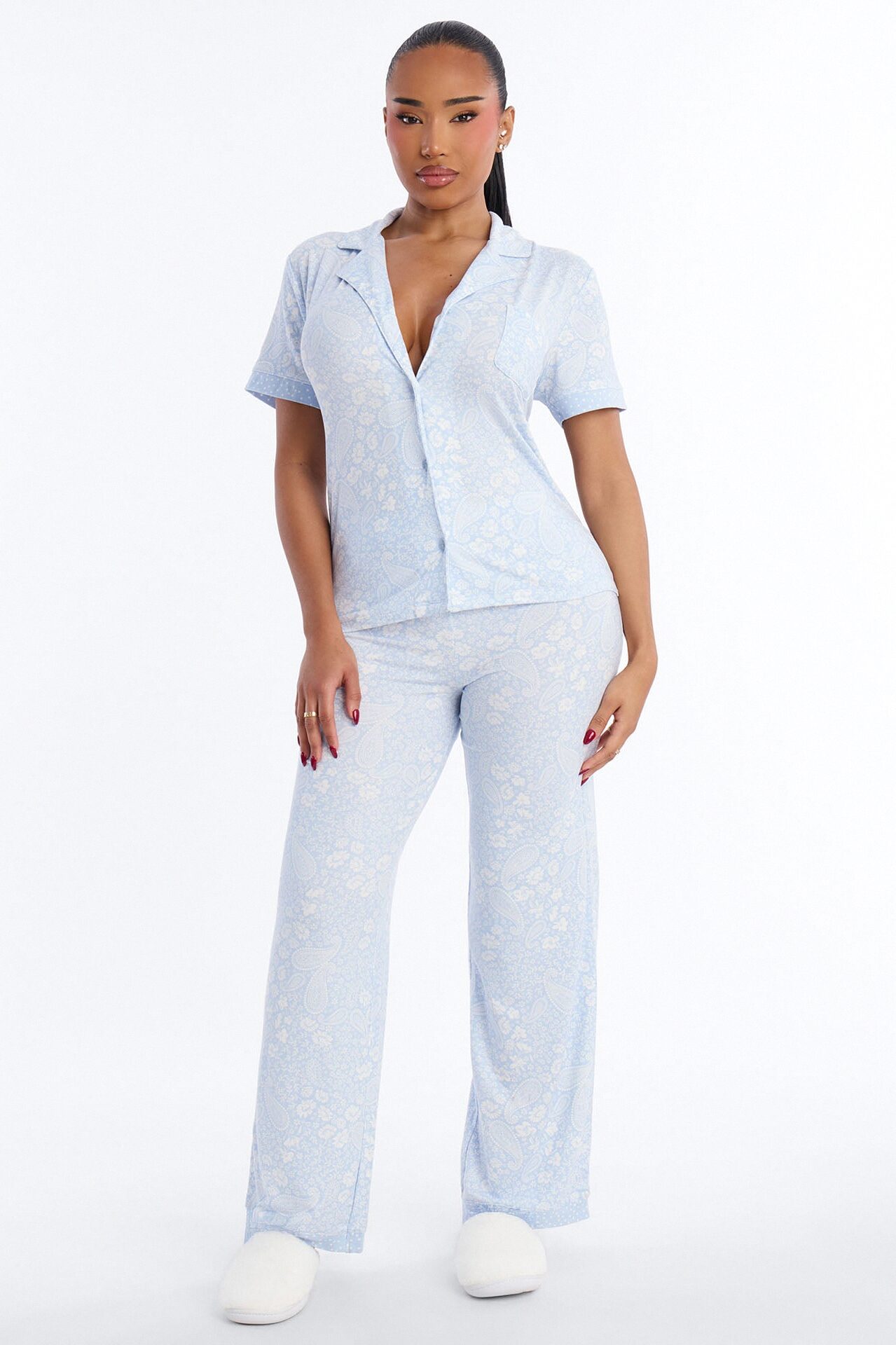 Ditsy Paisley Notch Collar PJ Pant Set - Ice Blue