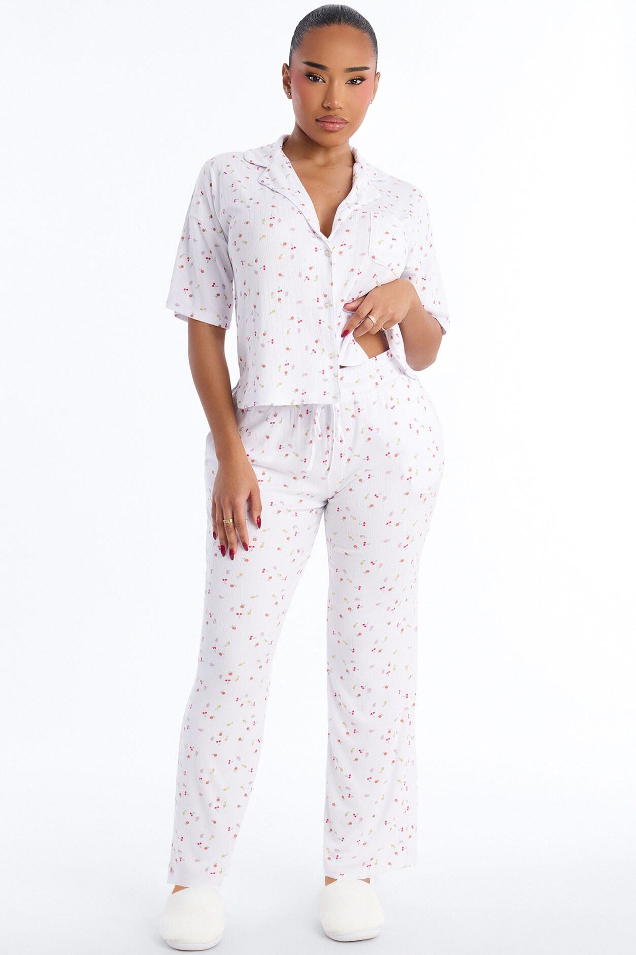 Fruit Toss Notch Collar PJ Pant Set - White