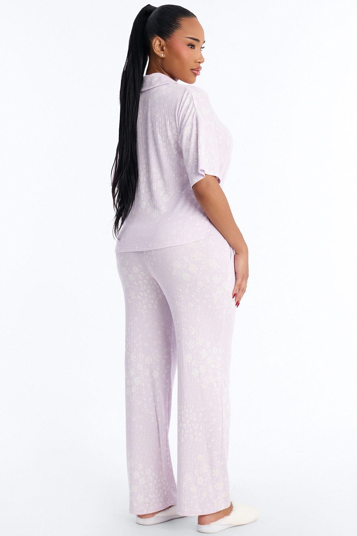 Patchwork Floral Notch Collar PJ Pant Set - Lavender