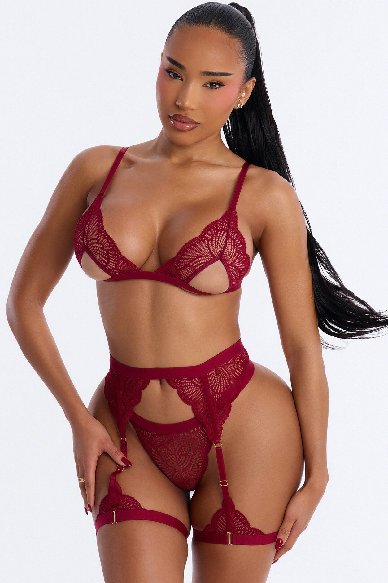 Settle Down Lace Cut Out 3 Piece Garter Set - Burgundy