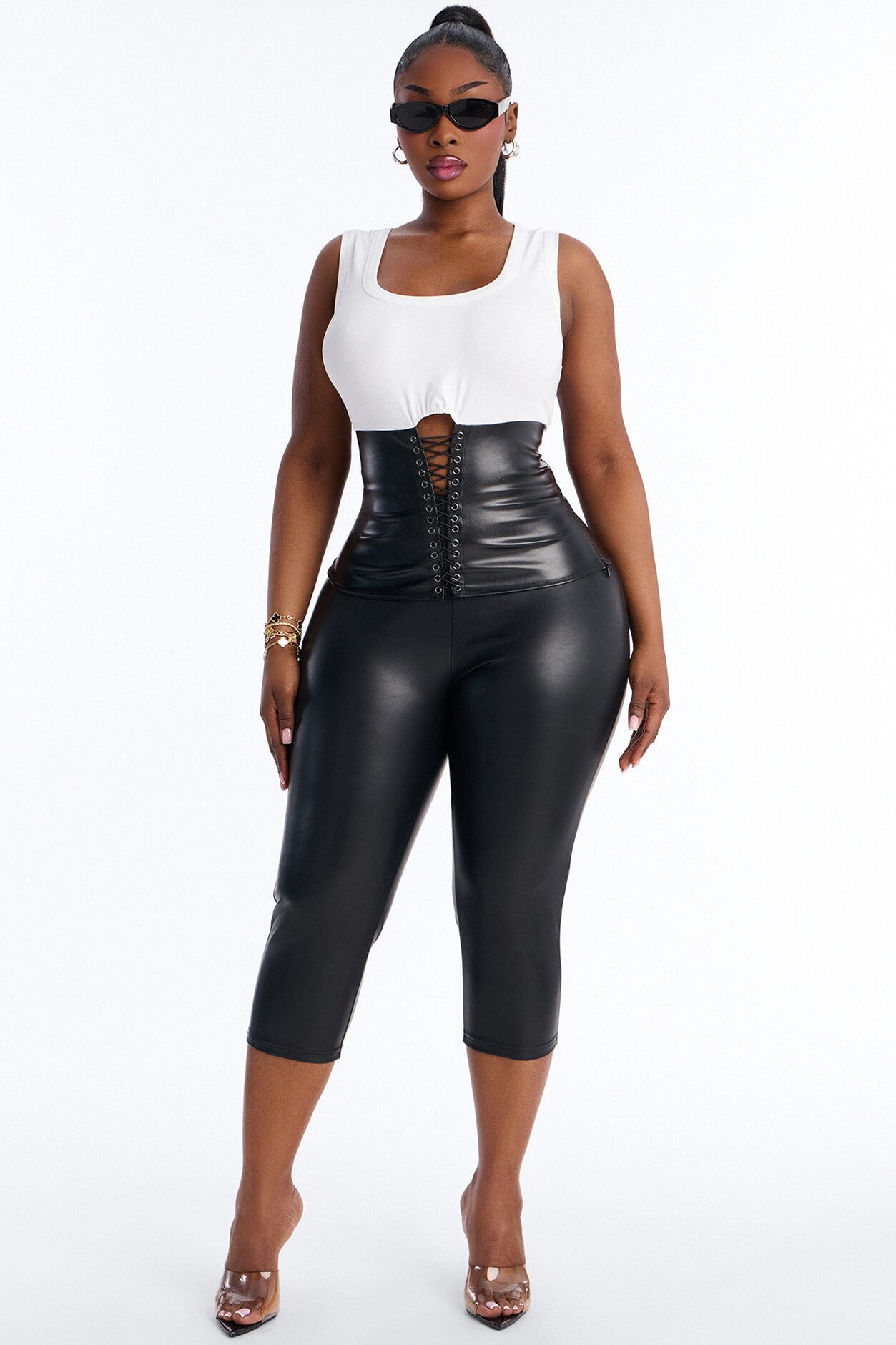 No Apologies Faux Leather Lace Up Tank Top - White/Black