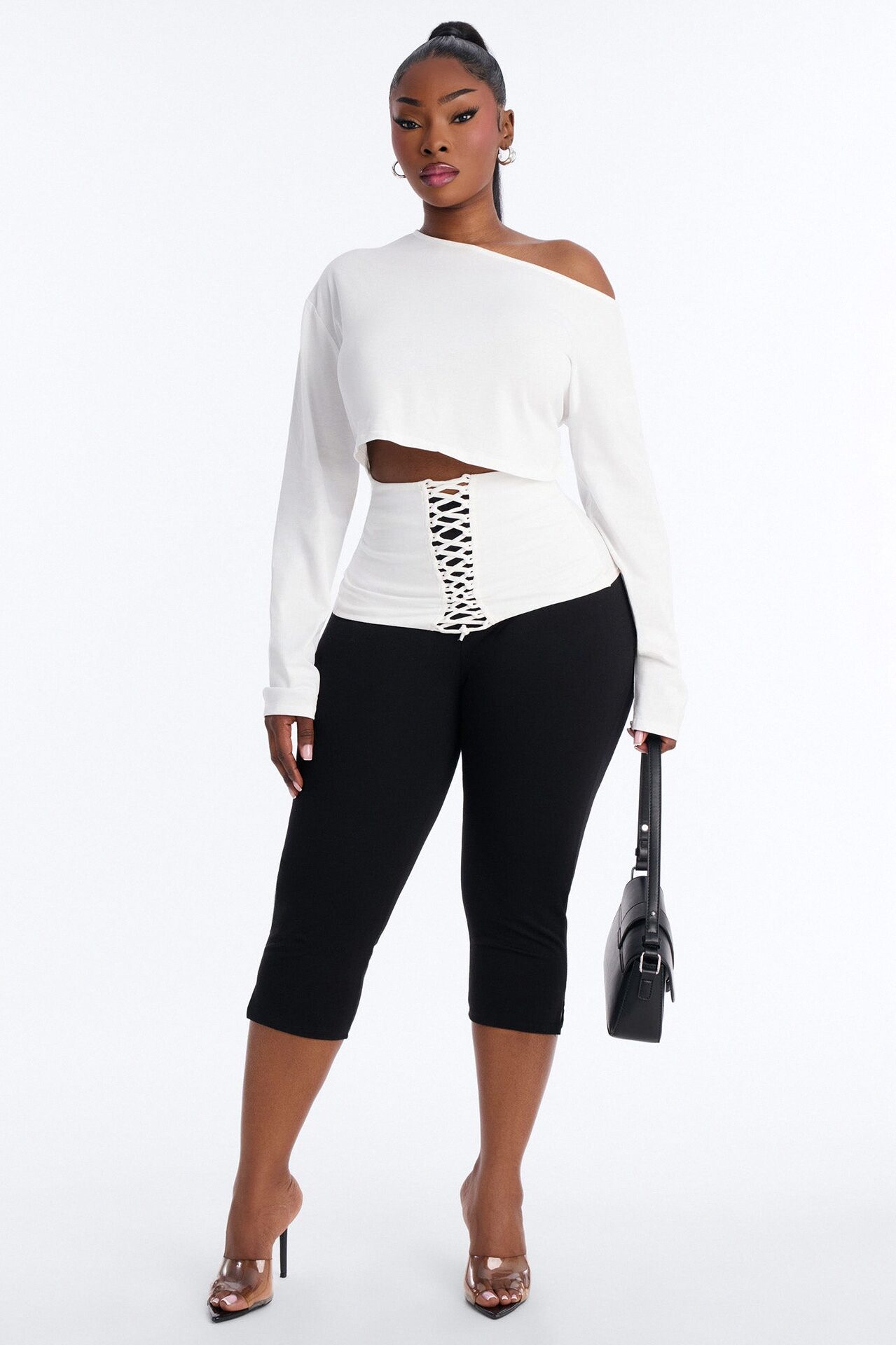 Olandria Off Shoulder Lace Up Long Sleeve Top - White