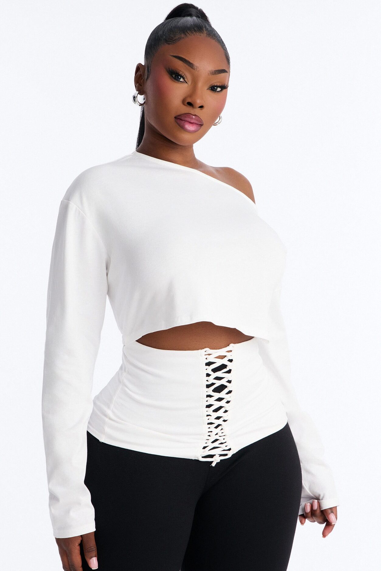 Olandria Off Shoulder Lace Up Long Sleeve Top - White