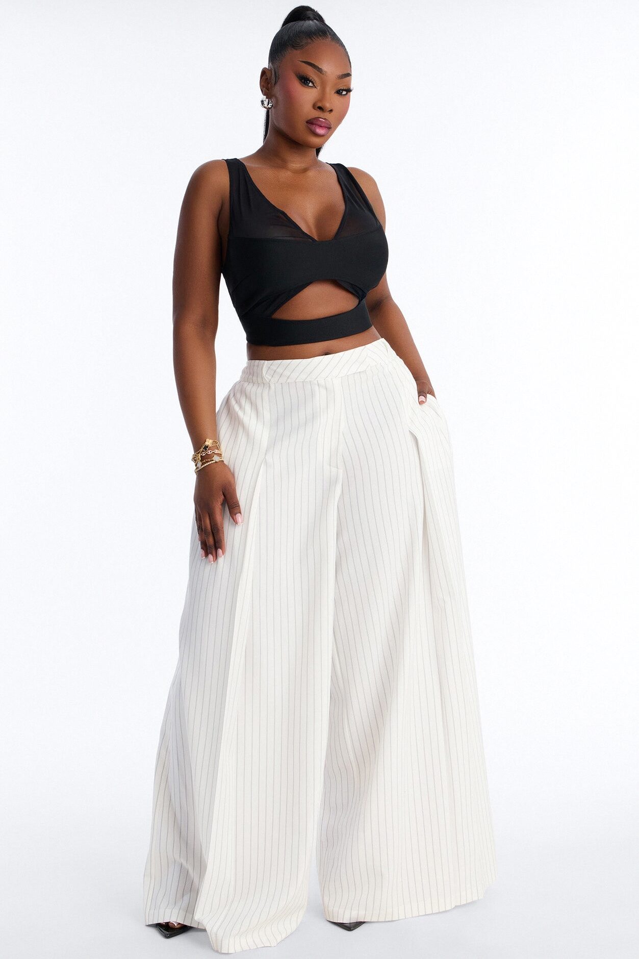 Catch A Break Pinstripe Wide Leg Pant 33″ - White/Black