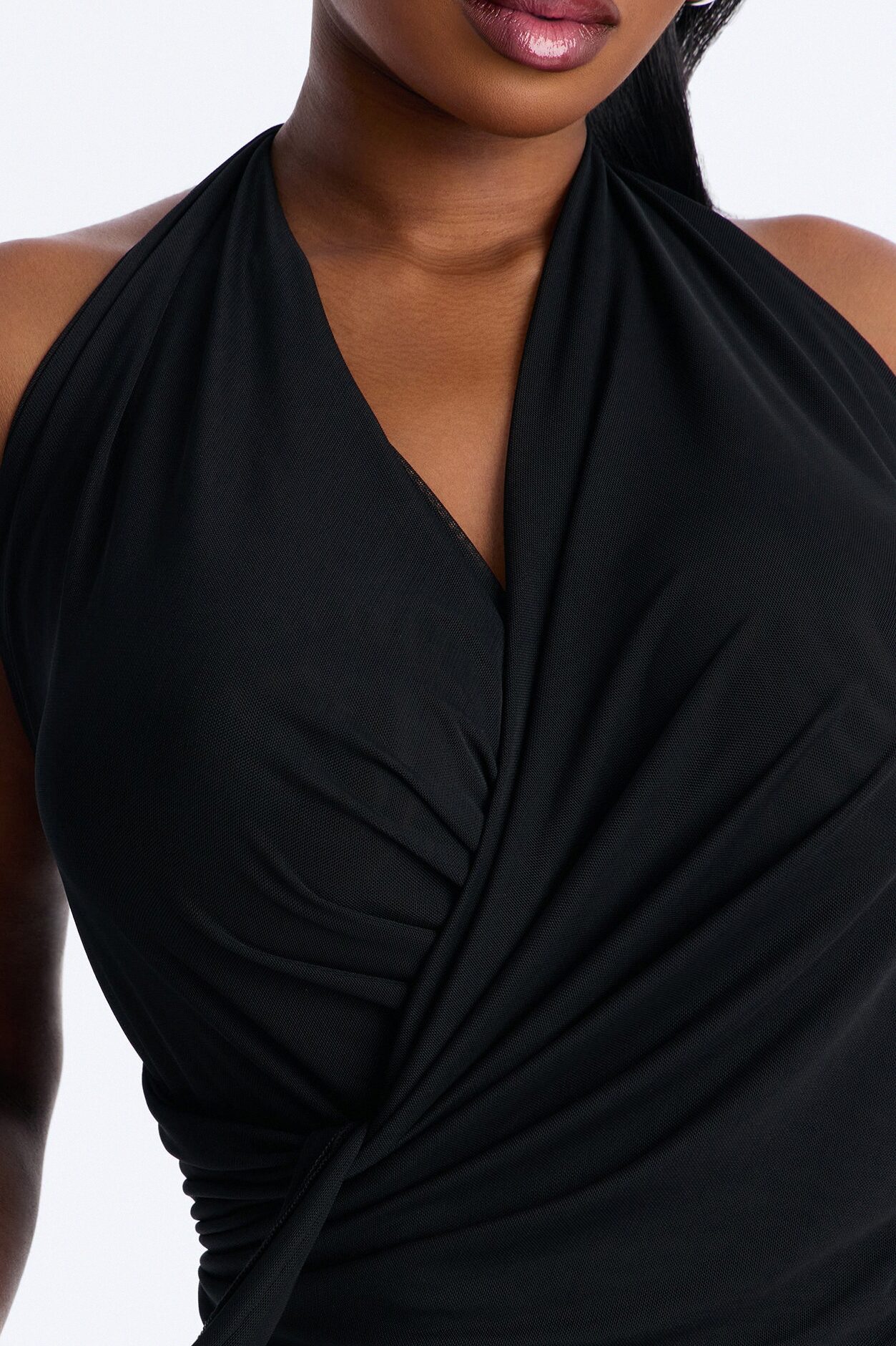 On Your Mind Mesh Draped Backless Halter Top - Black