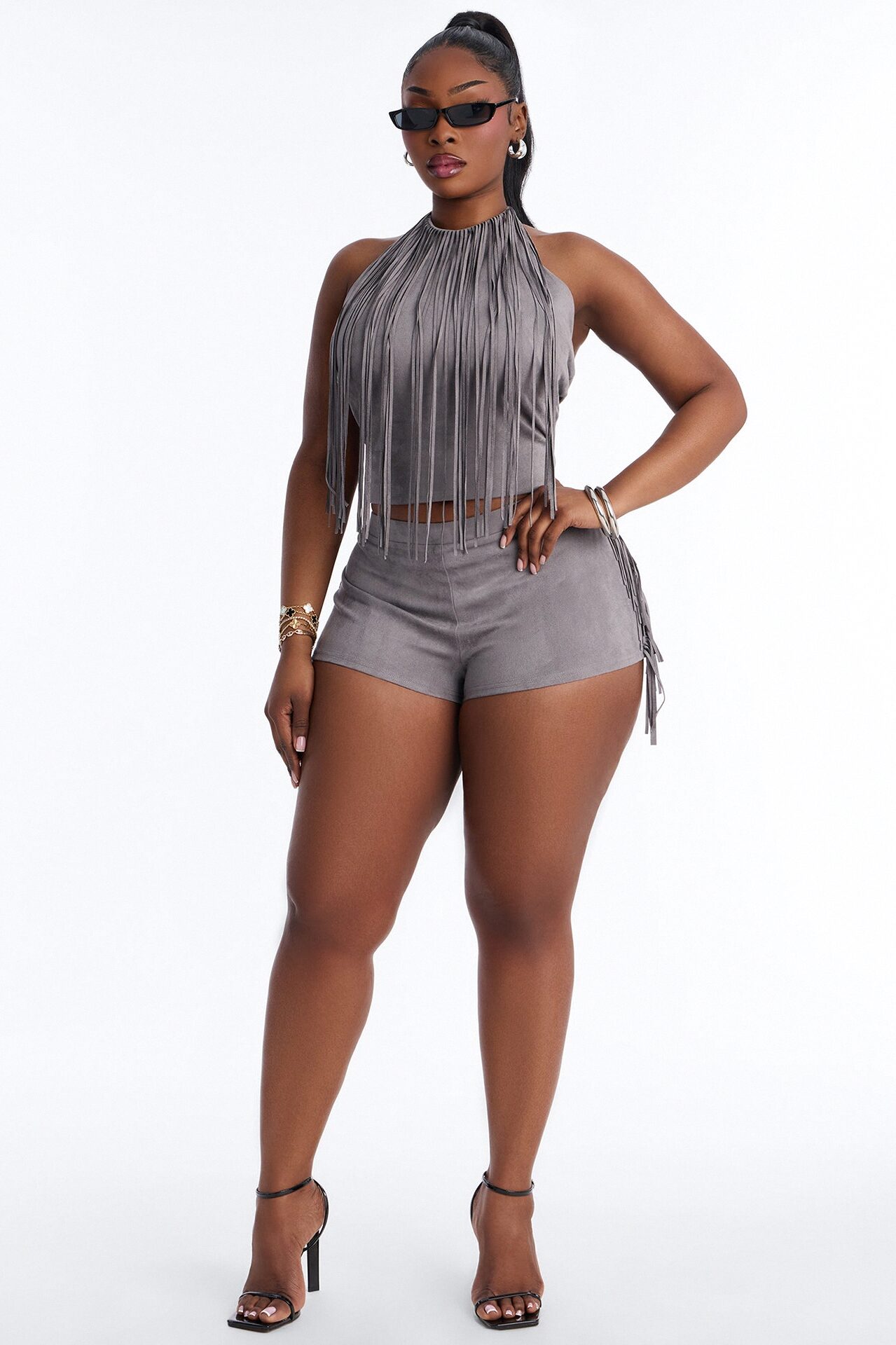 Just In Time Faux Suede Fringe Halter Short Set - Charcoal