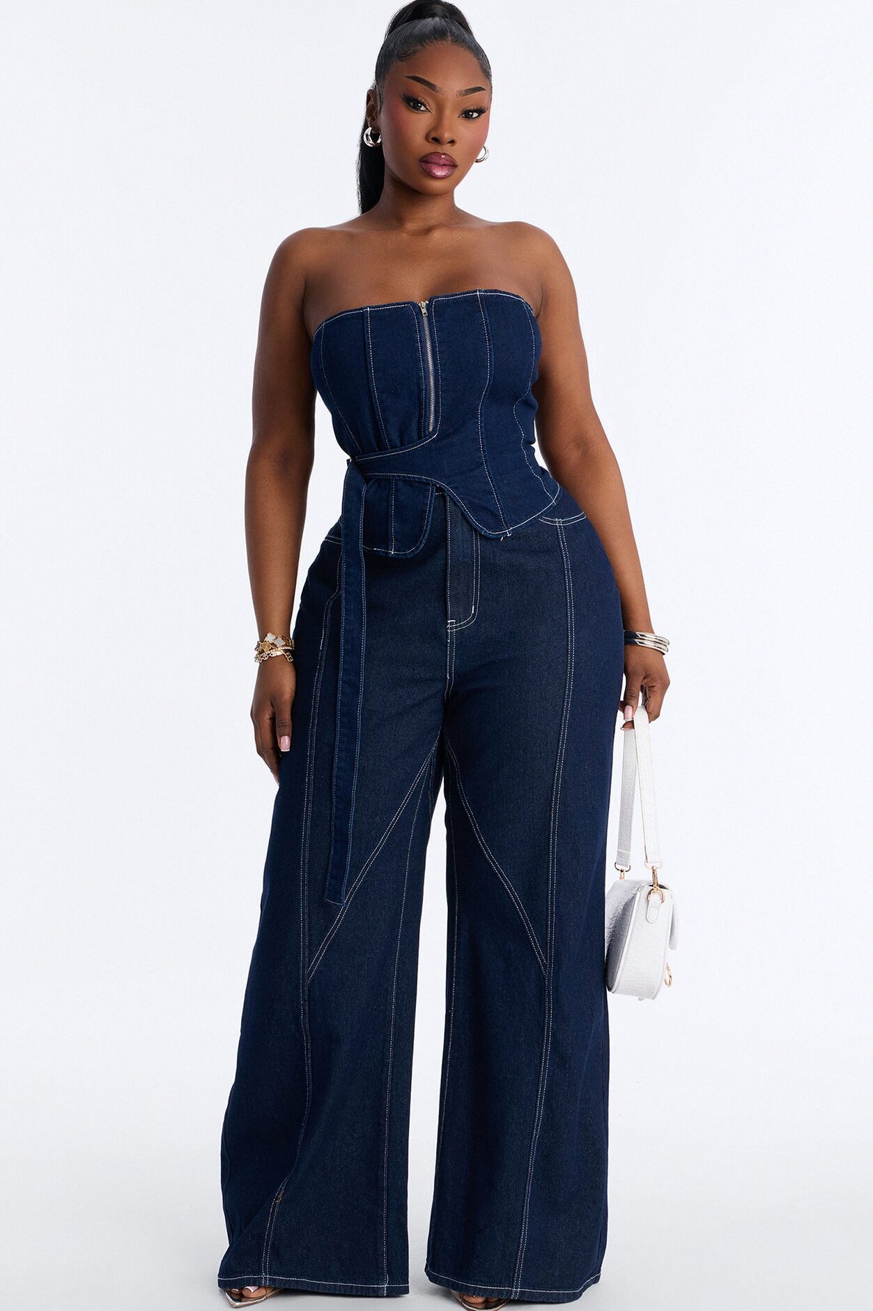 Urban Goddess Front Zip Belted Denim Top - Dark Wash