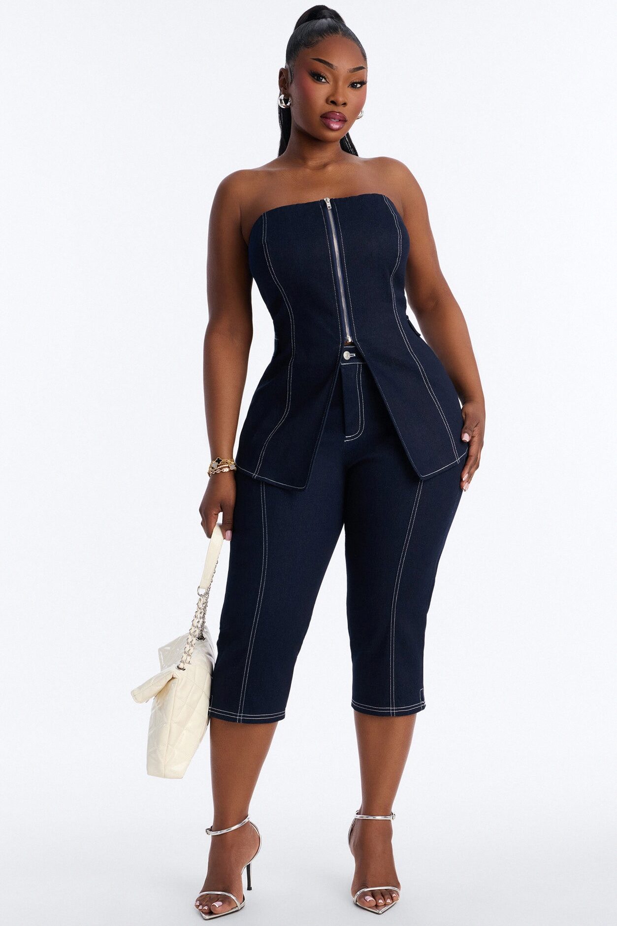 Ex Factor Denim Capri Set - Dark Denim