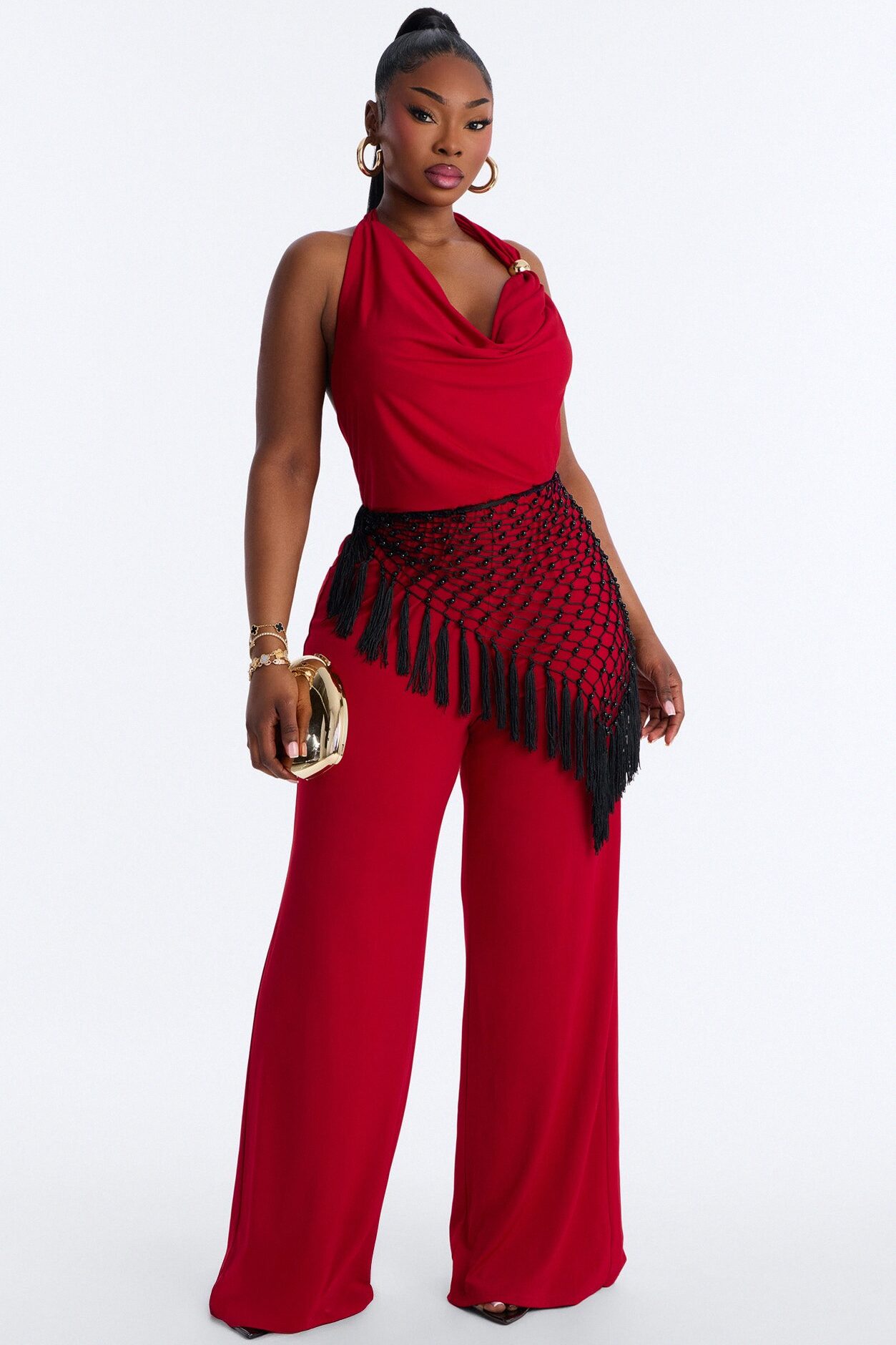 Ilaria Jumpsuit And Beaded Waist Scarf - Red