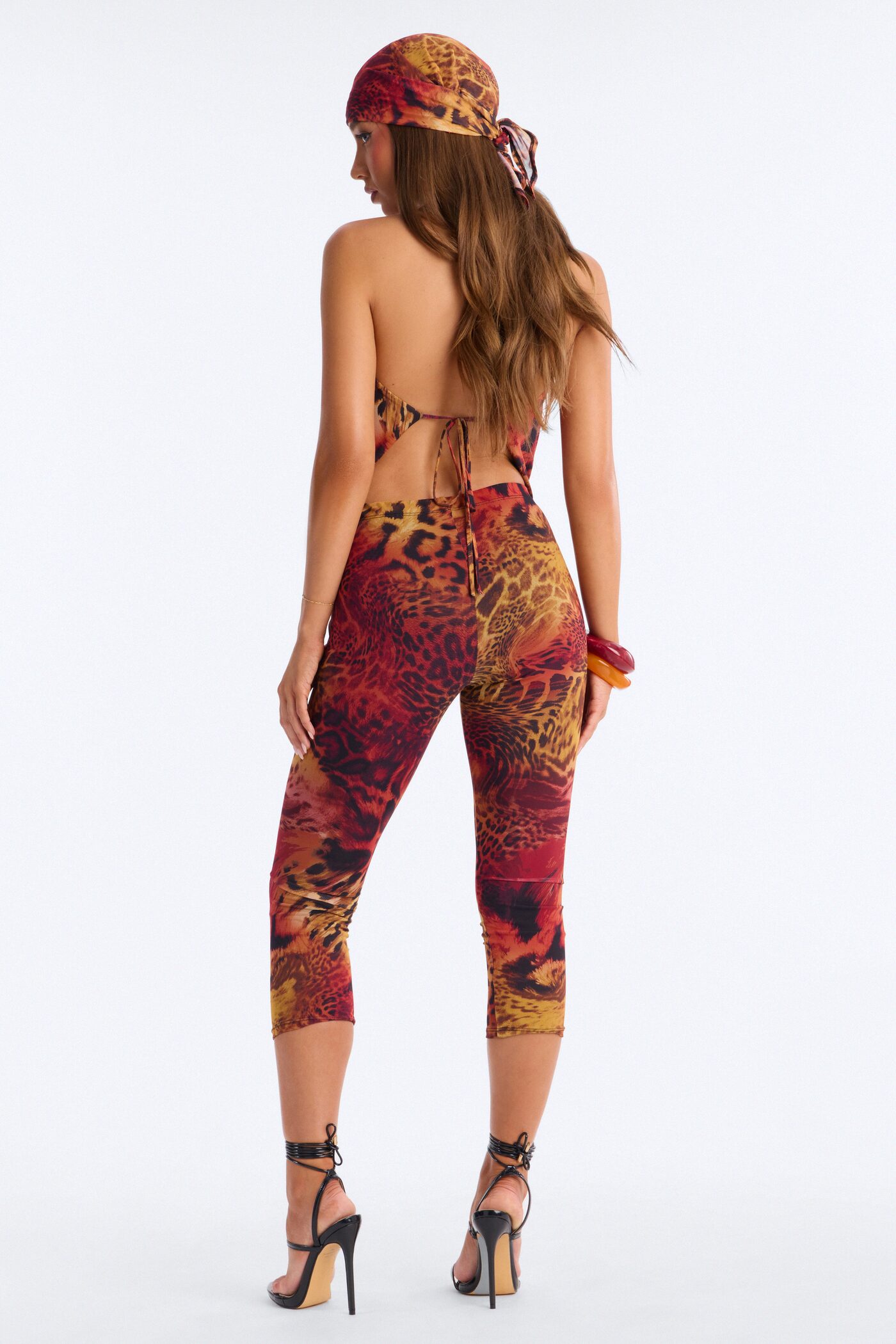 Nadia Leopard Mesh 3 Piece Capri Set - Orange/combo