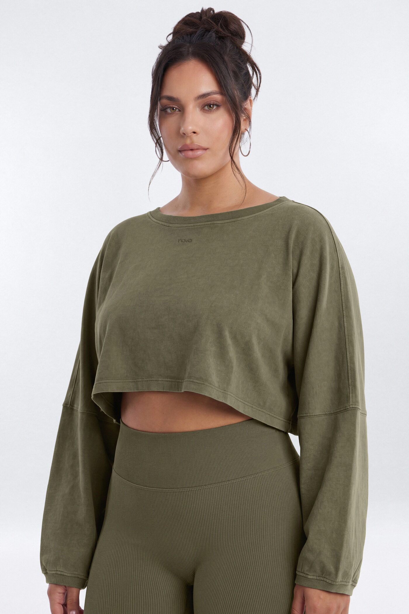 Cotton Jersey Long Sleeve Cropped Top - Moss