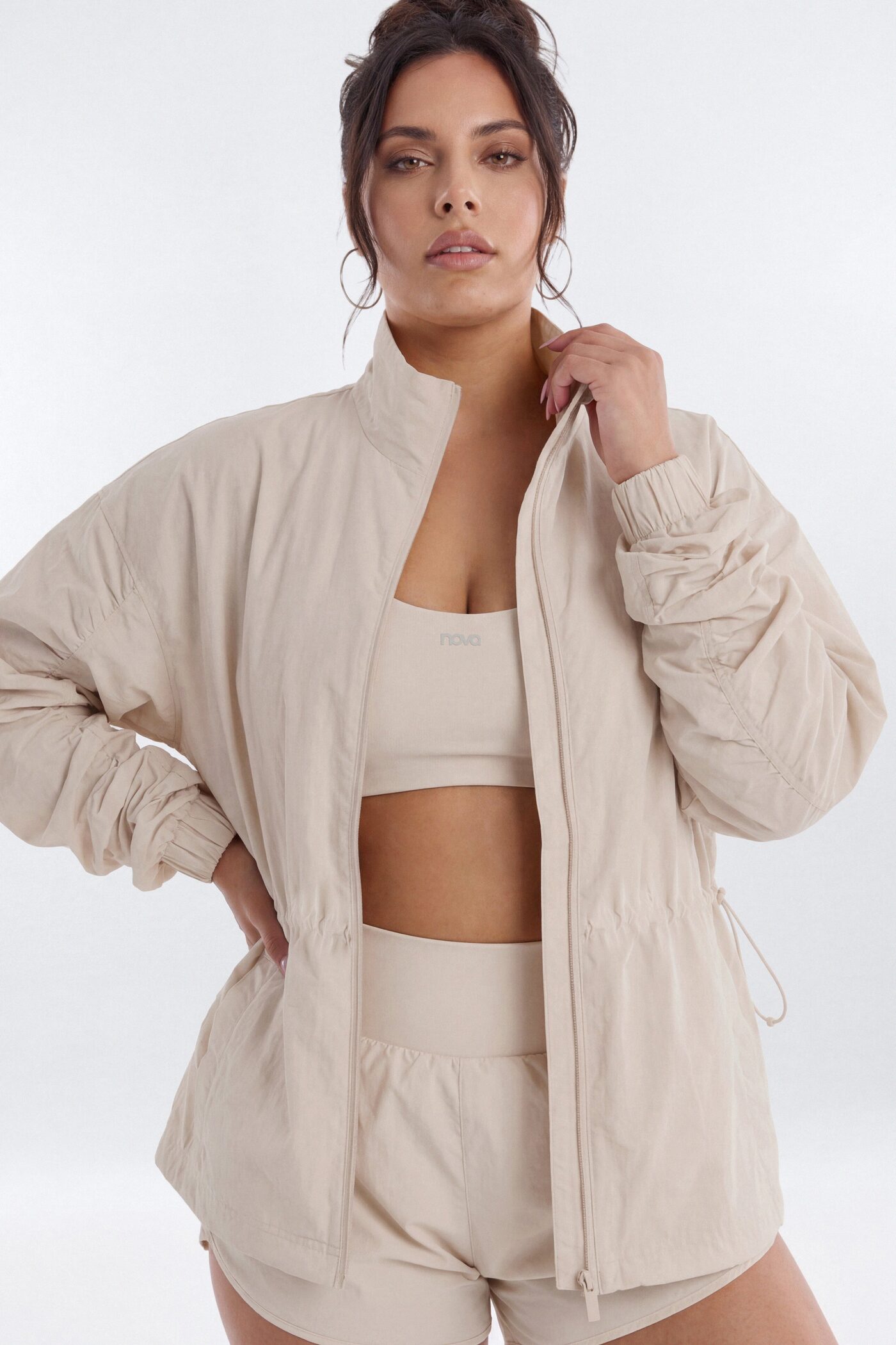 CoreNylon Ruched Mock Neck Jacket - Oat Milk