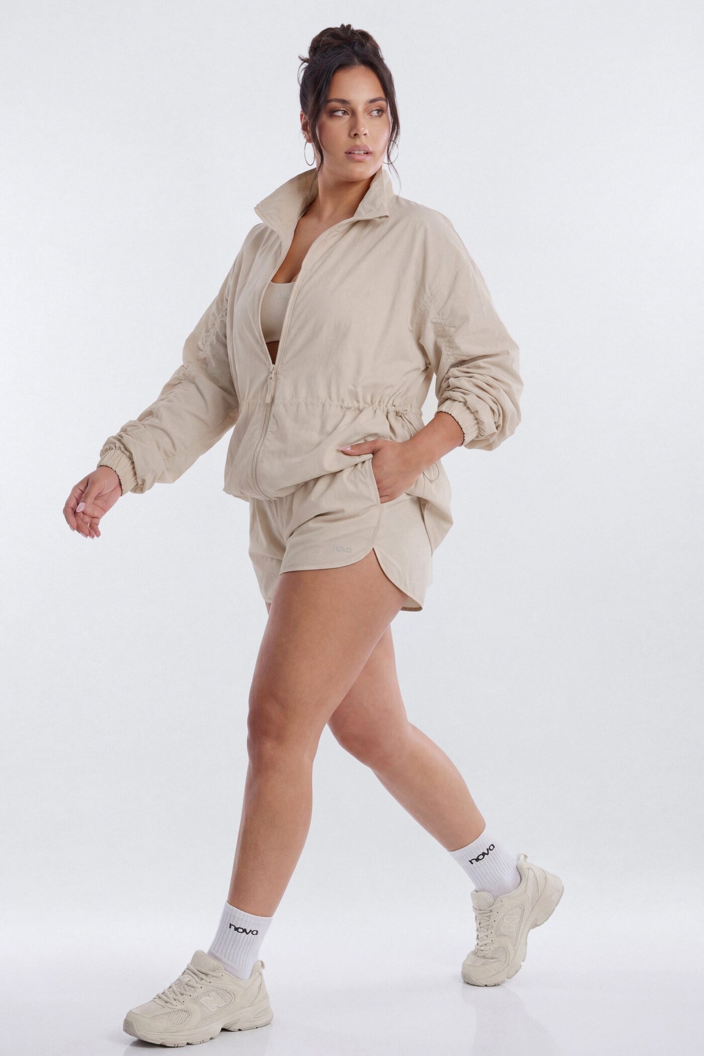 CoreNylon Ruched Mock Neck Jacket - Oat Milk