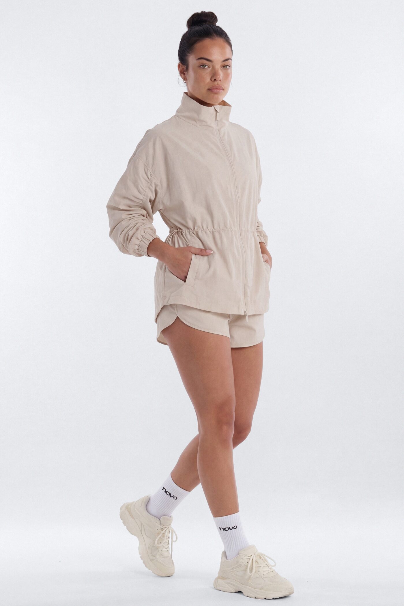 CoreNylon Ruched Mock Neck Jacket - Oat Milk
