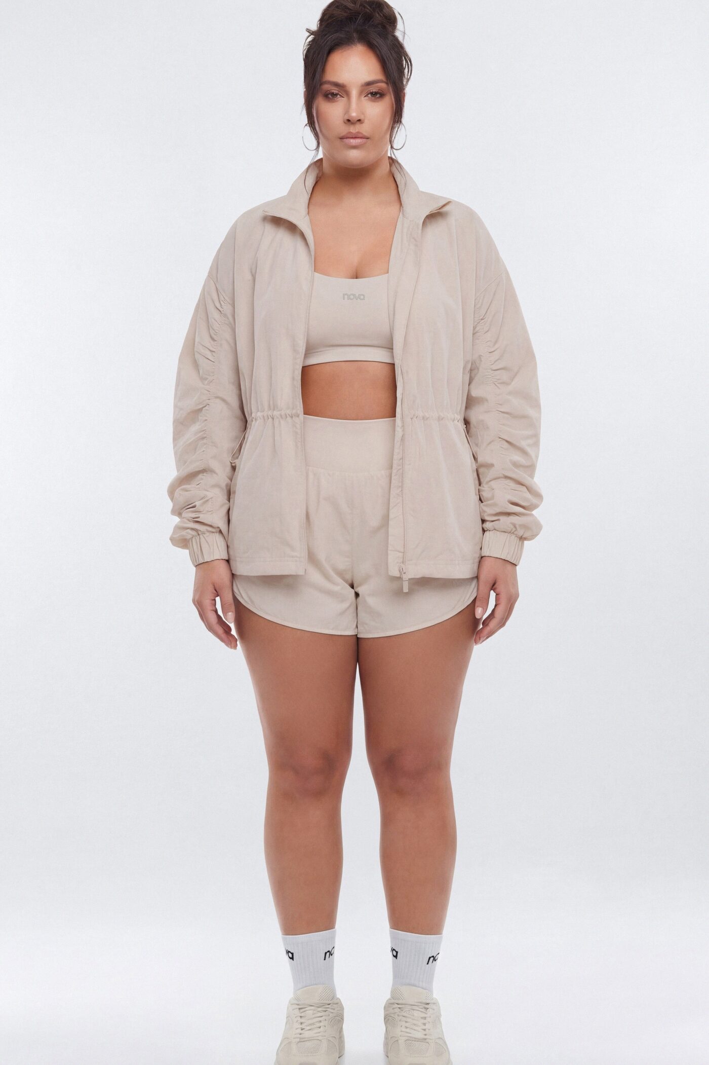 CoreNylon Ruched Mock Neck Jacket - Oat Milk
