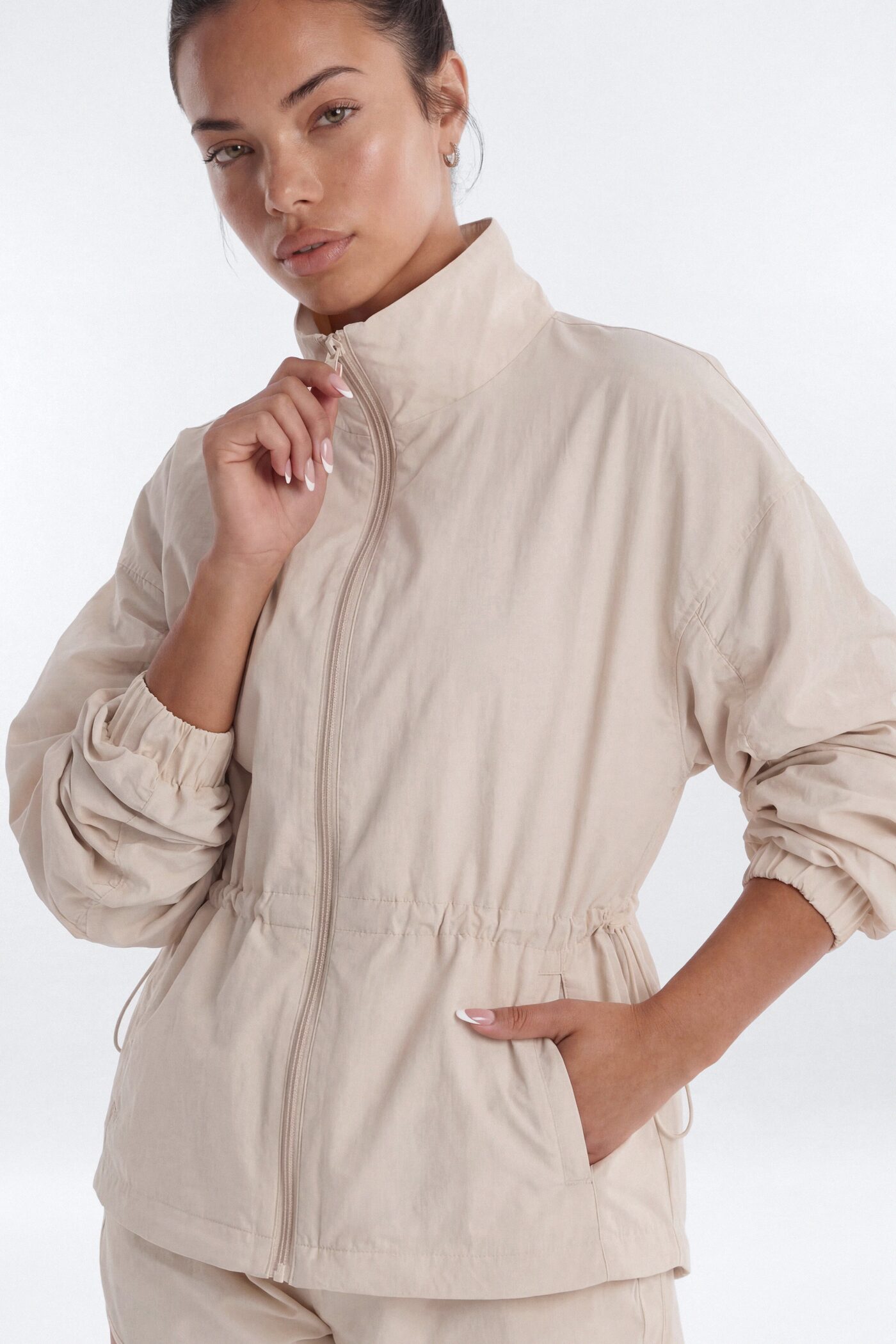CoreNylon Ruched Mock Neck Jacket - Oat Milk