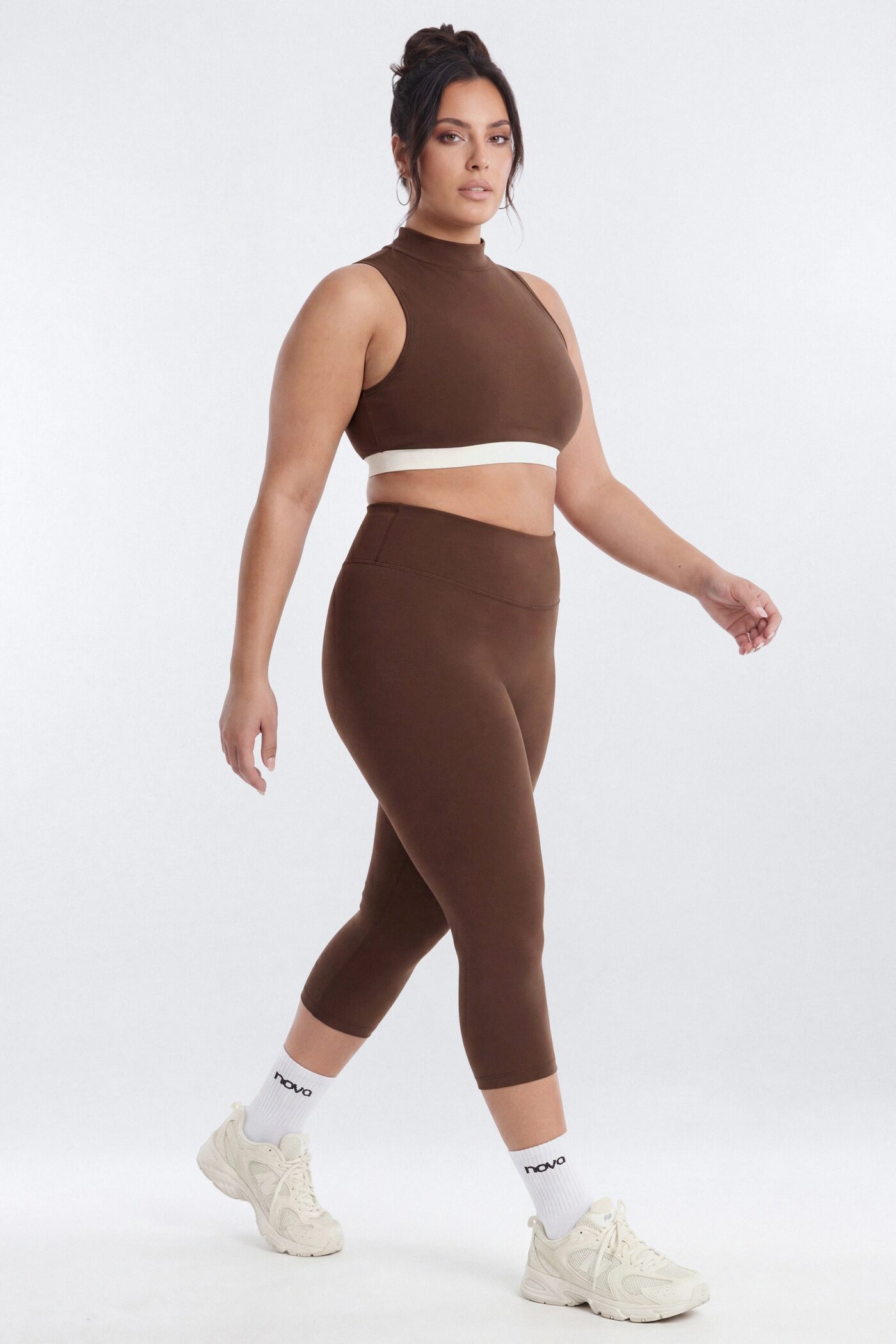 CloudForm™ High Neck Contrast Sports Top - Brown Combo