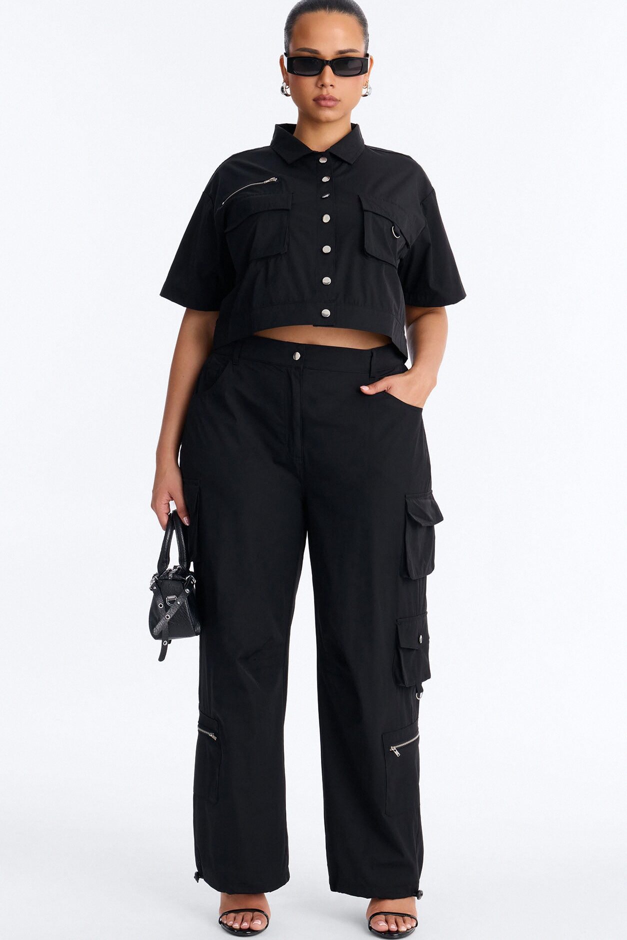 Nessa Nylon Cargo Pant Set - Black