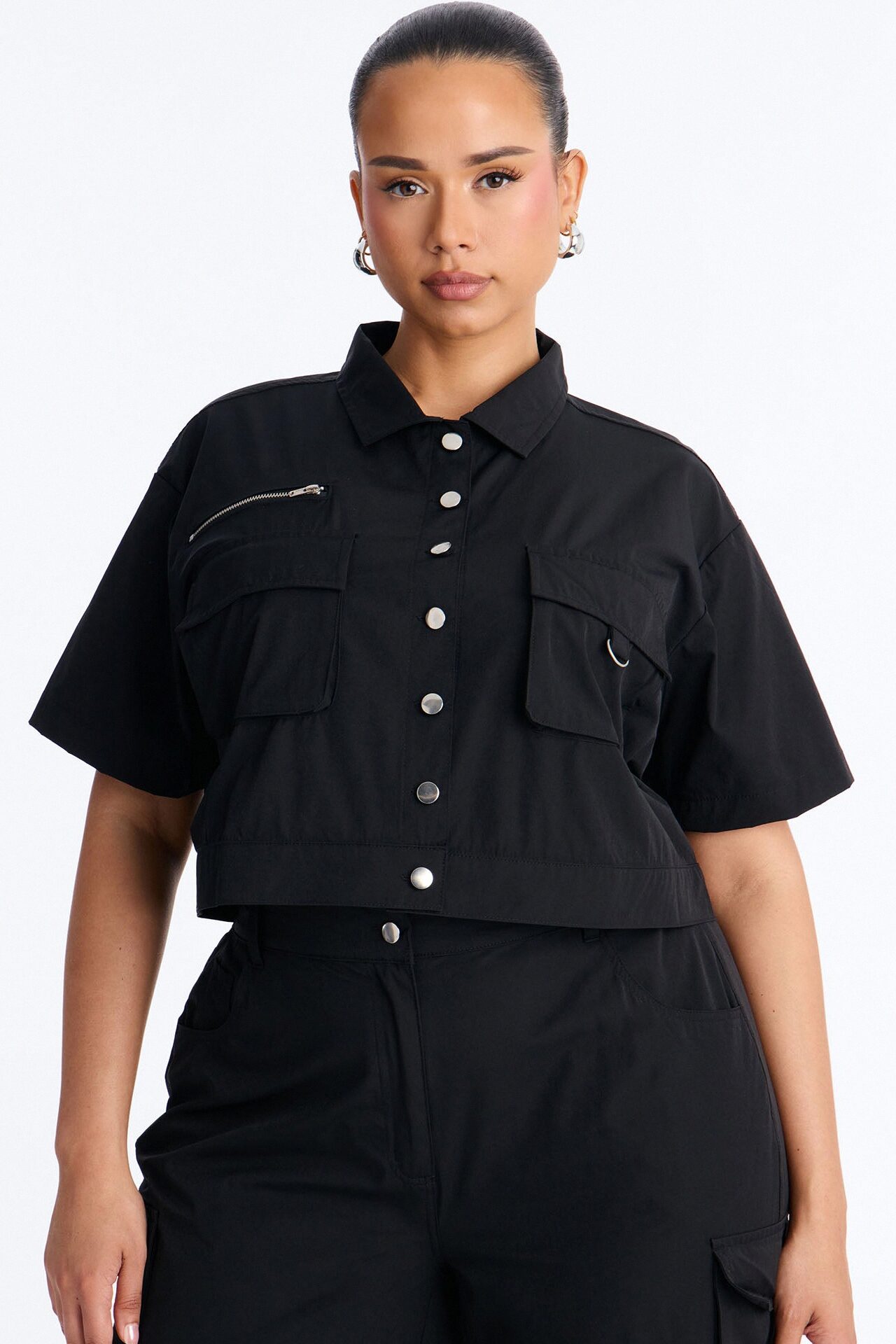 Nessa Nylon Cargo Pant Set - Black