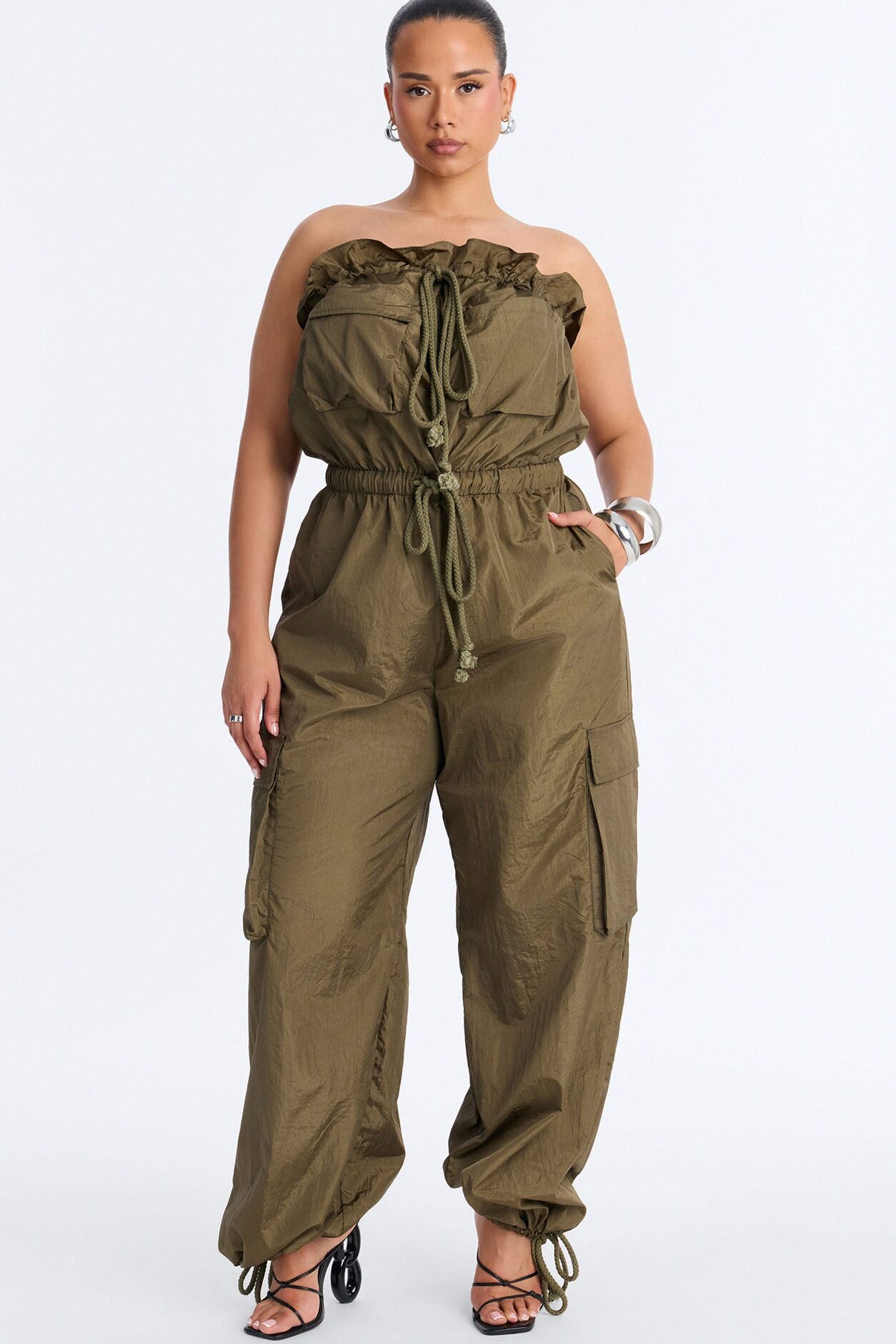 Bria Cargo Nylon Jumpsuit - Olive
