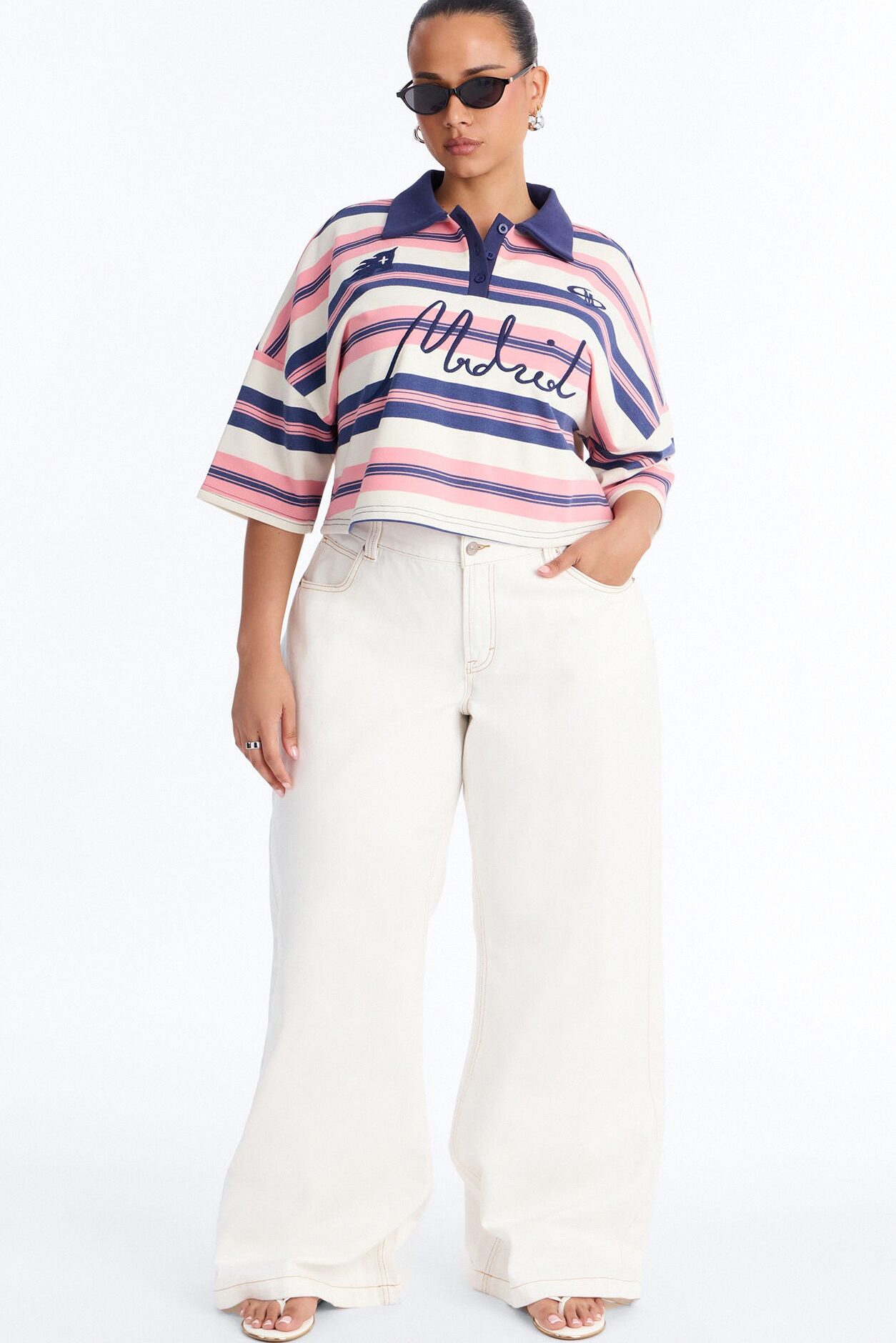 Madrid Stripe Cropped Polo Top - Navy/combo