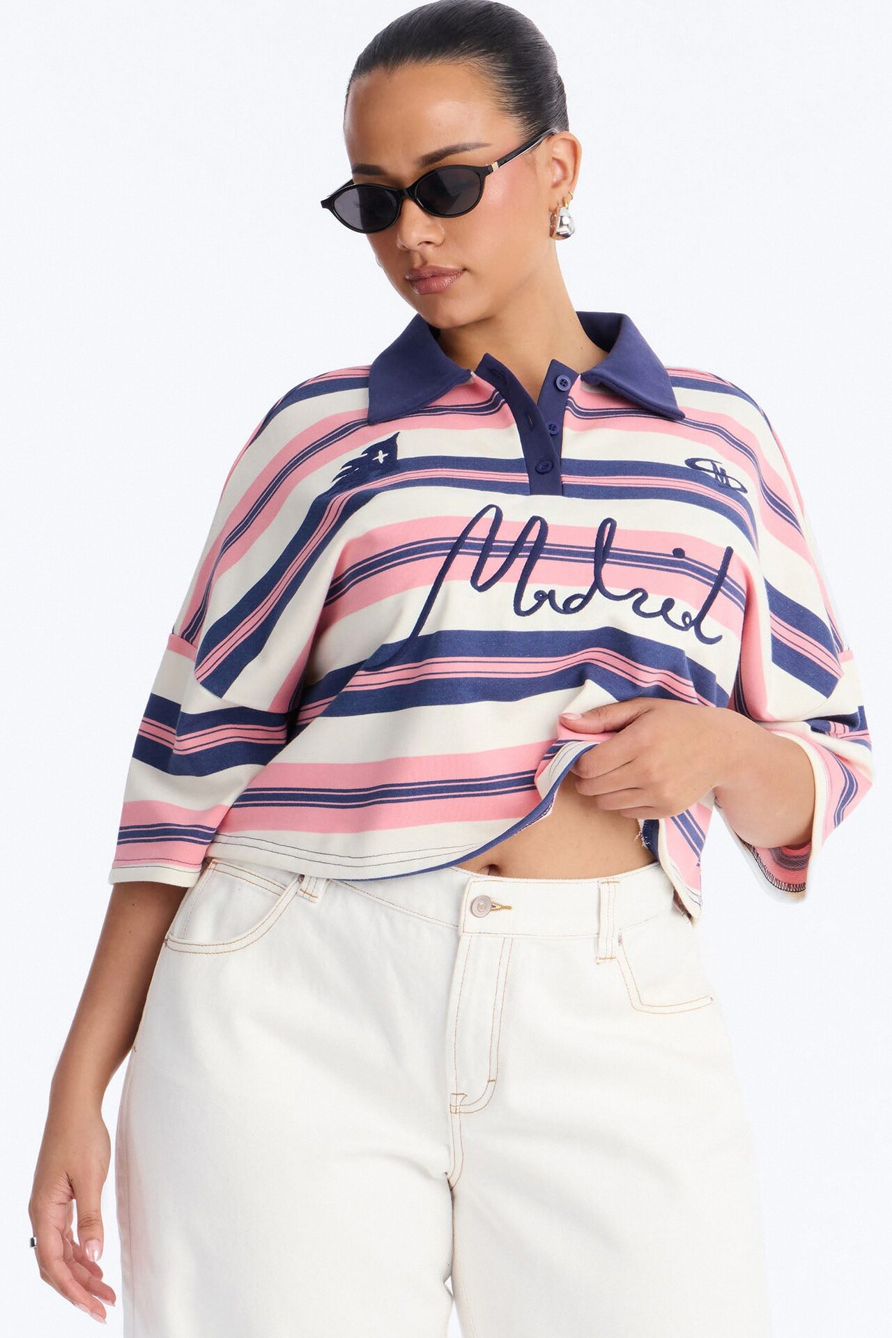 Madrid Stripe Cropped Polo Top - Navy/combo