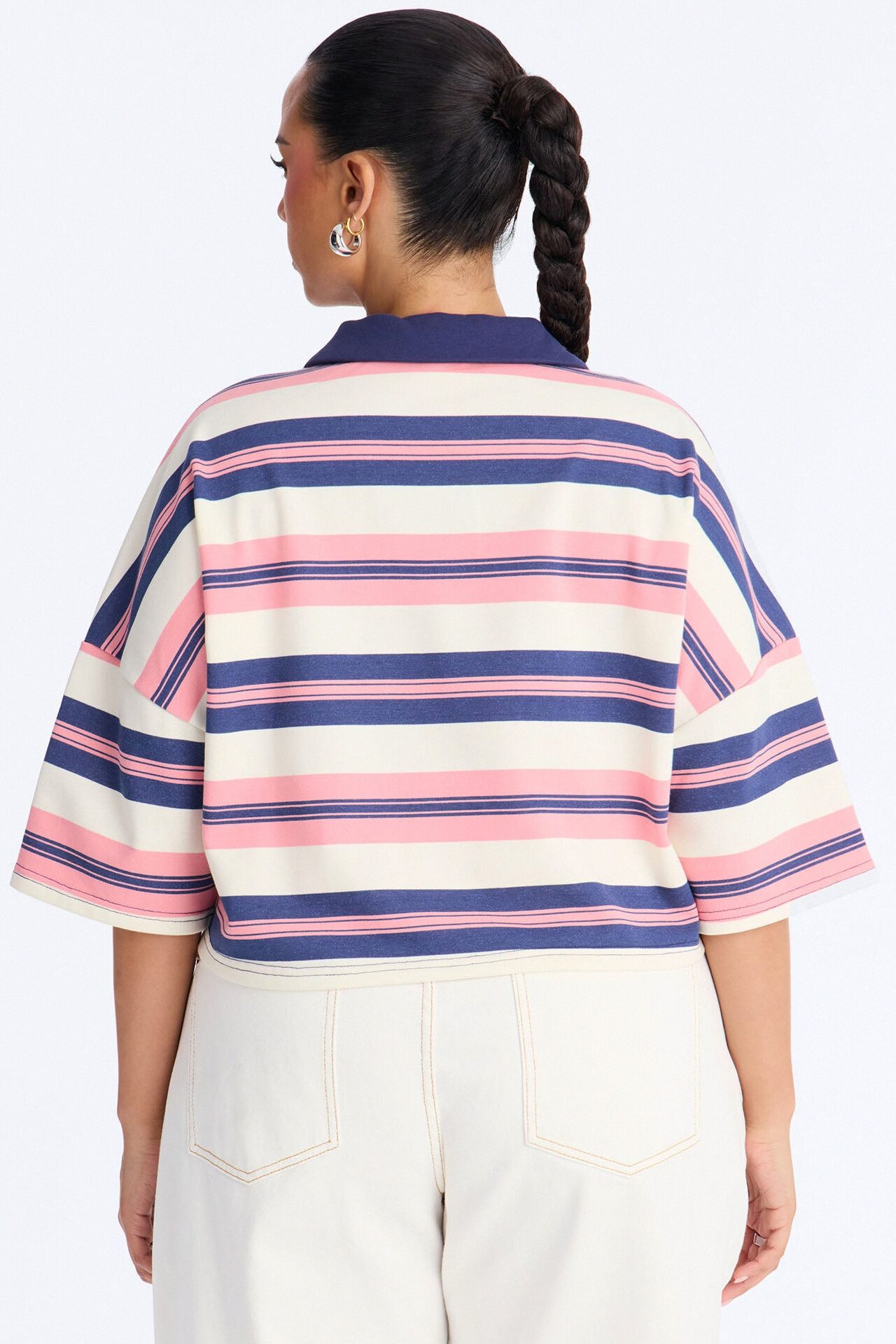 Madrid Stripe Cropped Polo Top - Navy/combo