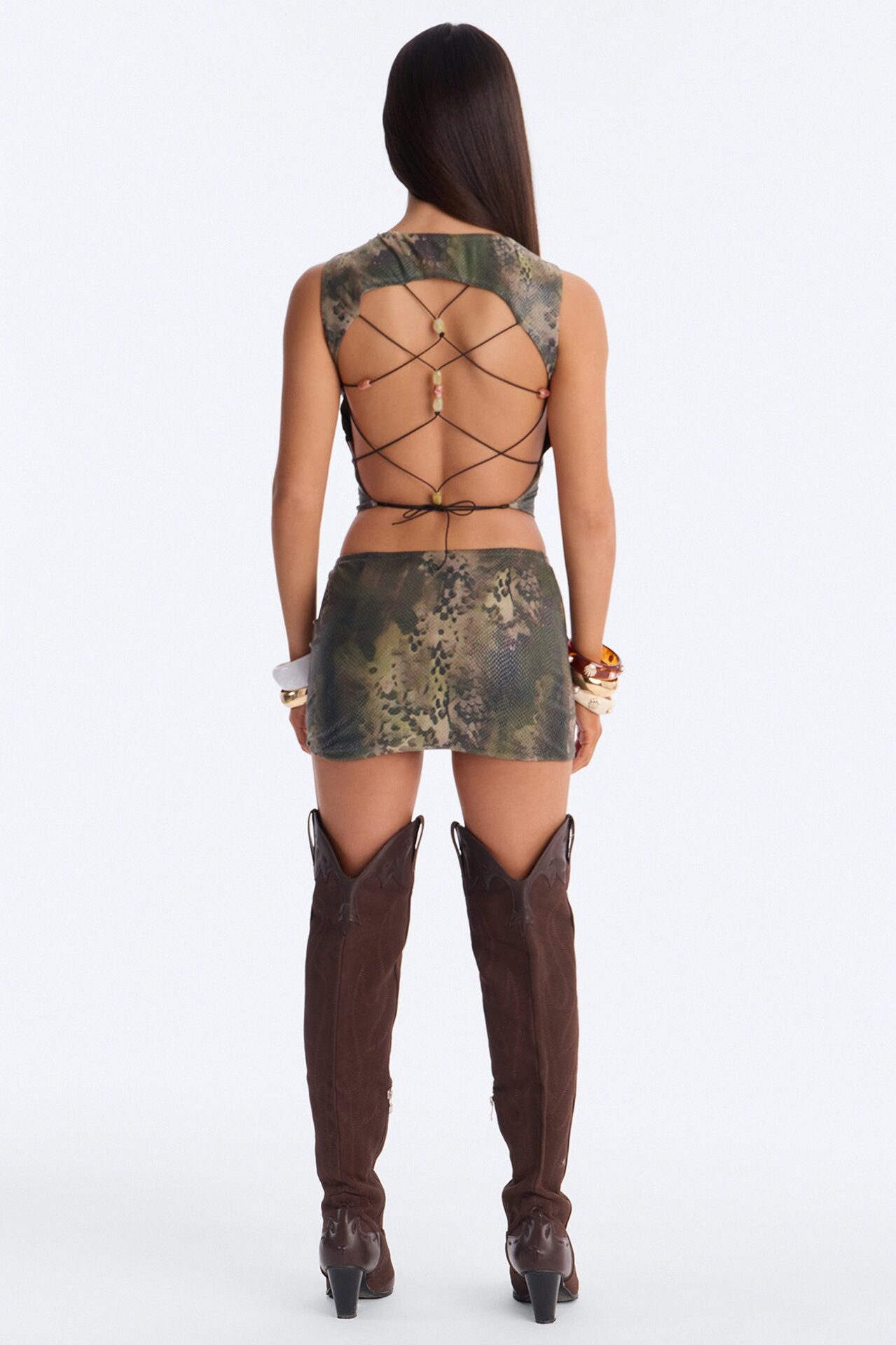 Solene Beaded Lace Up Back Skirt Set - Olive/combo