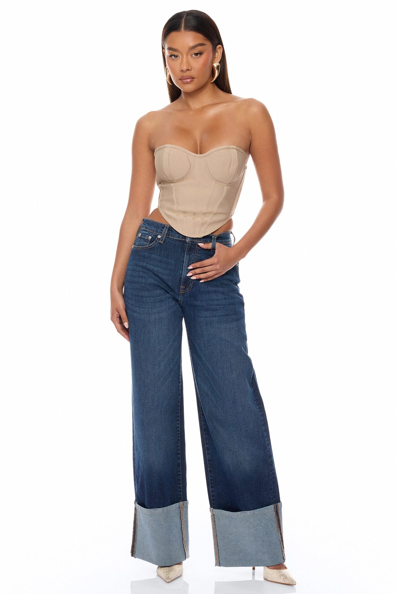Maeve Cuffed Wide Leg Jeans - Dark Wash