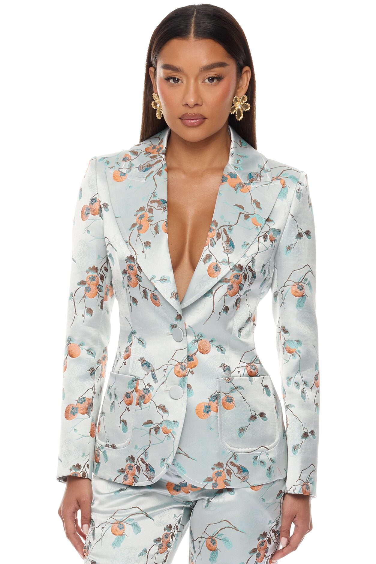 Amelya Jacquard Blazer Pant Set - Light Blue
